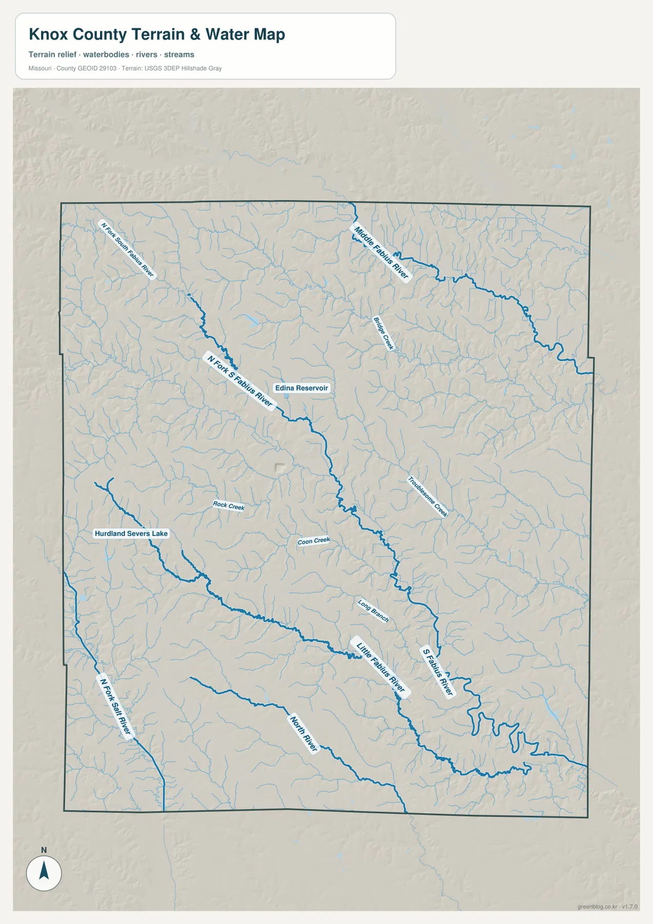 Knox County Fabius River terrain and water map