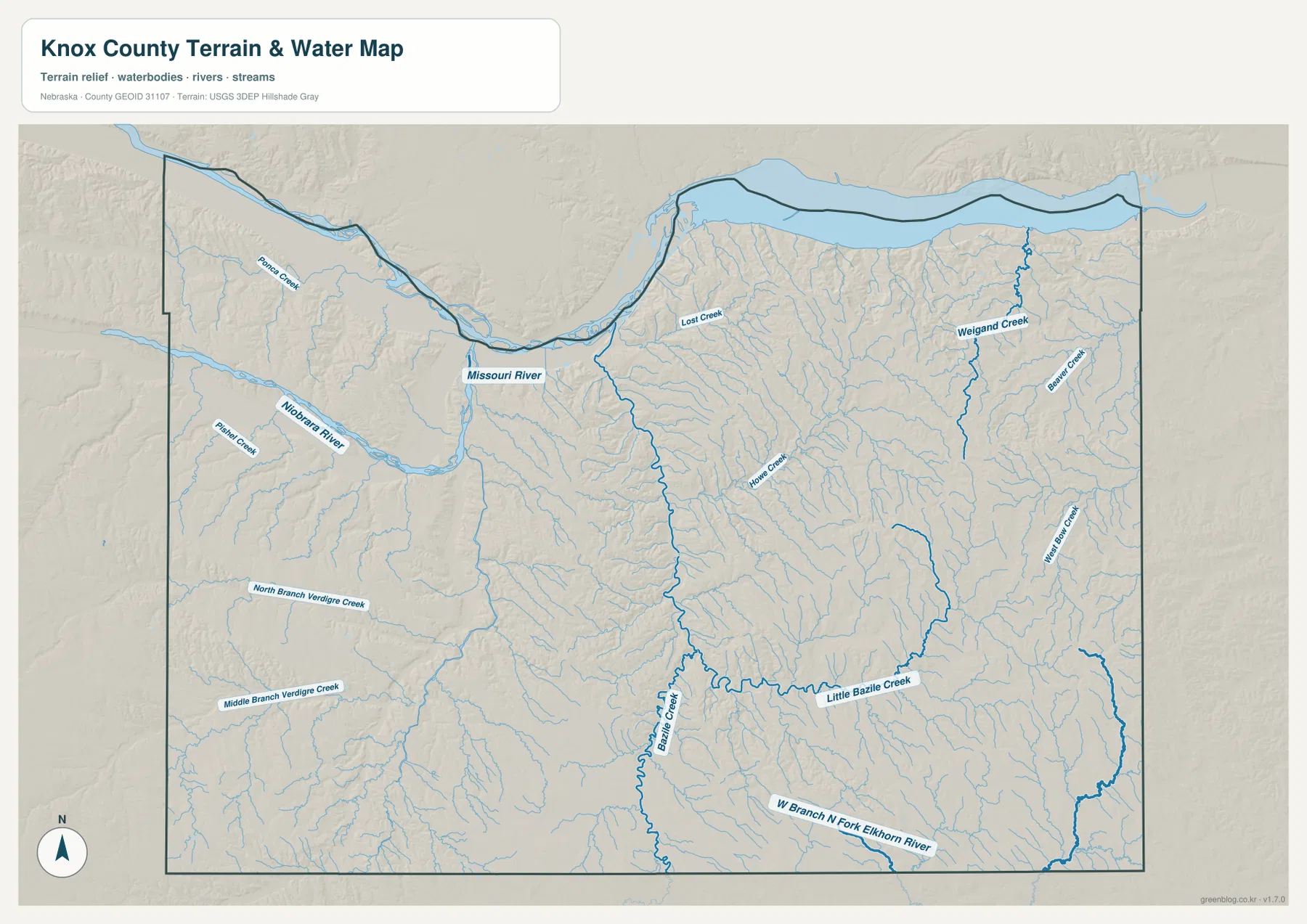 Knox County terrain and water map showing the Missouri River, Niobrara River, Ponca Creek, Verdigre Creek branches, Bazile Creek, and eastern tributaries