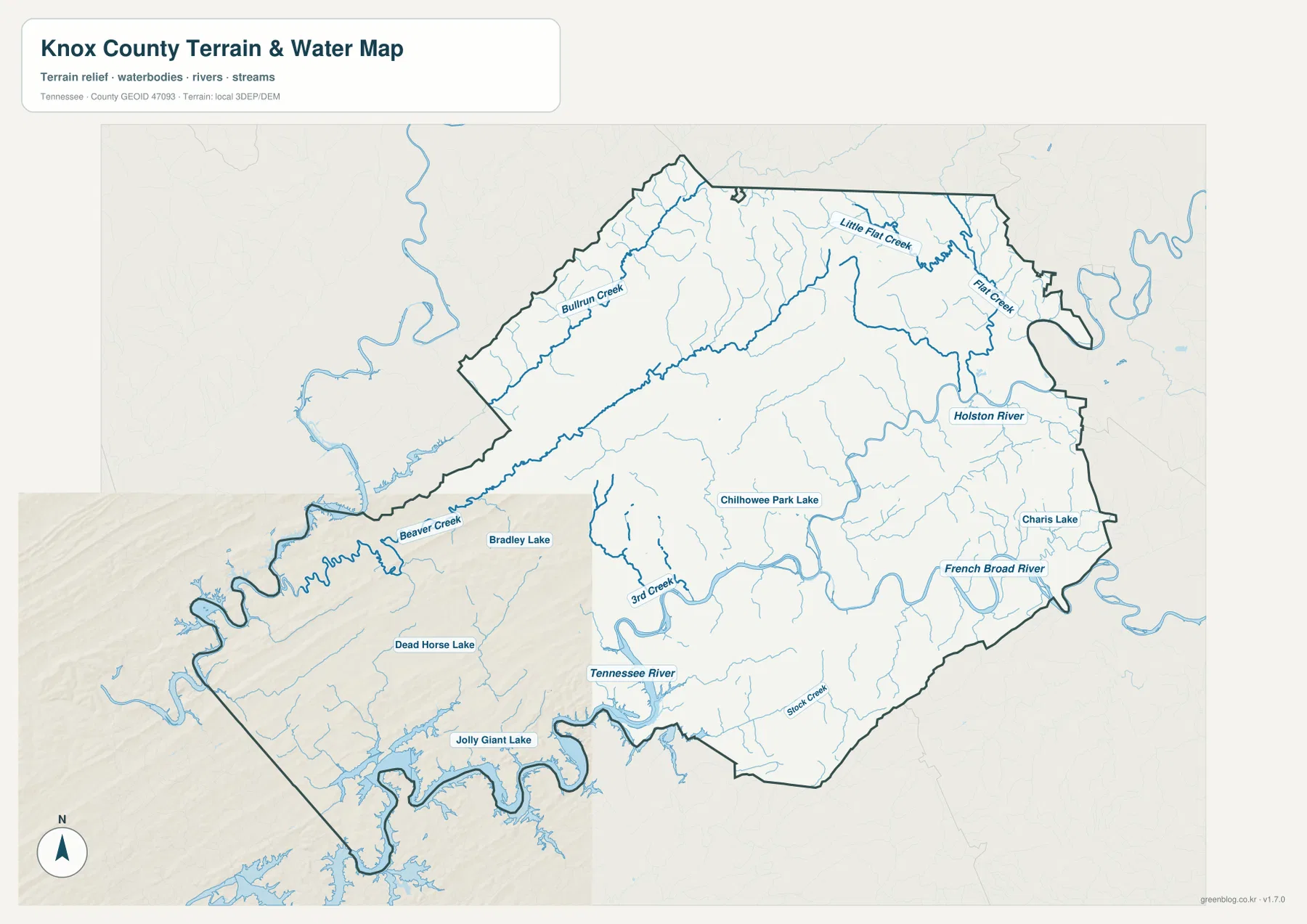 Knox County Tennessee water map with Tennessee River, Holston River, French Broad River, Bullrun Creek, Beaver Creek and named lakes