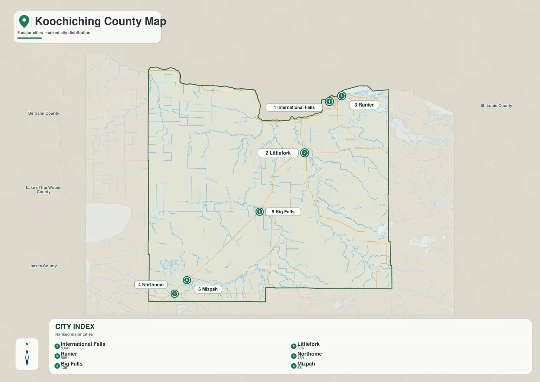 Koochiching County city map showing International Falls, Littlefork, Ranier, Northome, Big Falls and Mizpah
