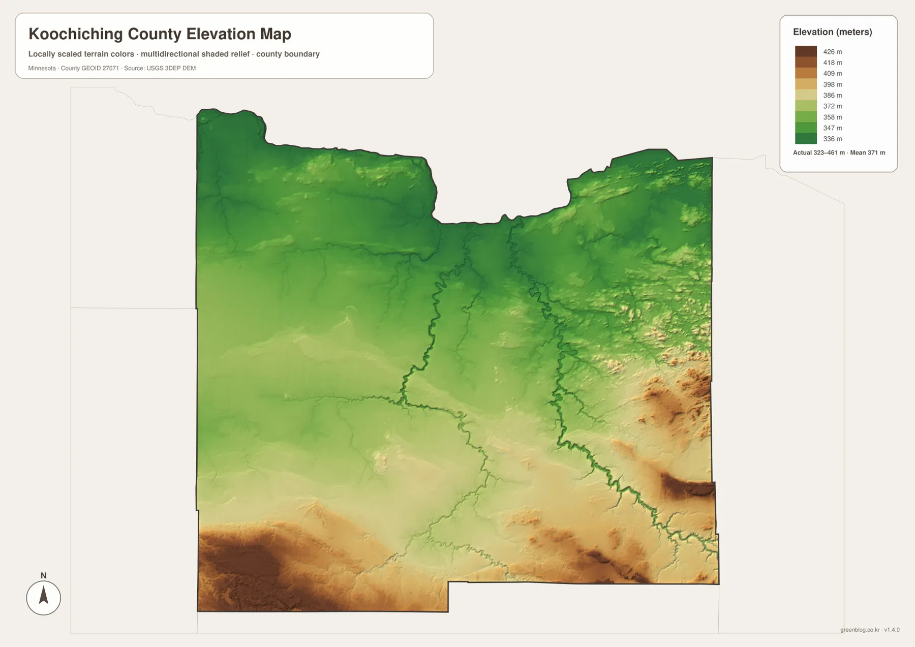 Koochiching County elevation map showing approximately 323 to 461 meters, low northern terrain and higher southern hills