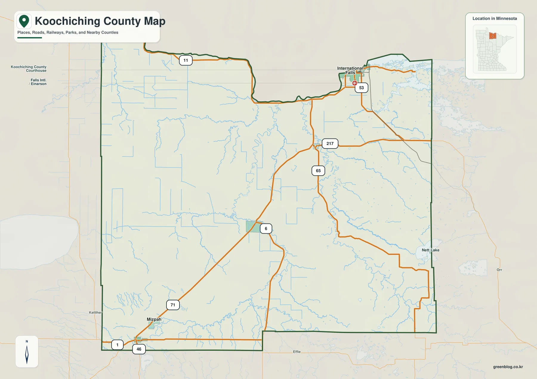 Koochiching County map showing International Falls, Ranier, Littlefork, Big Falls, Northome, Mizpah and major roads