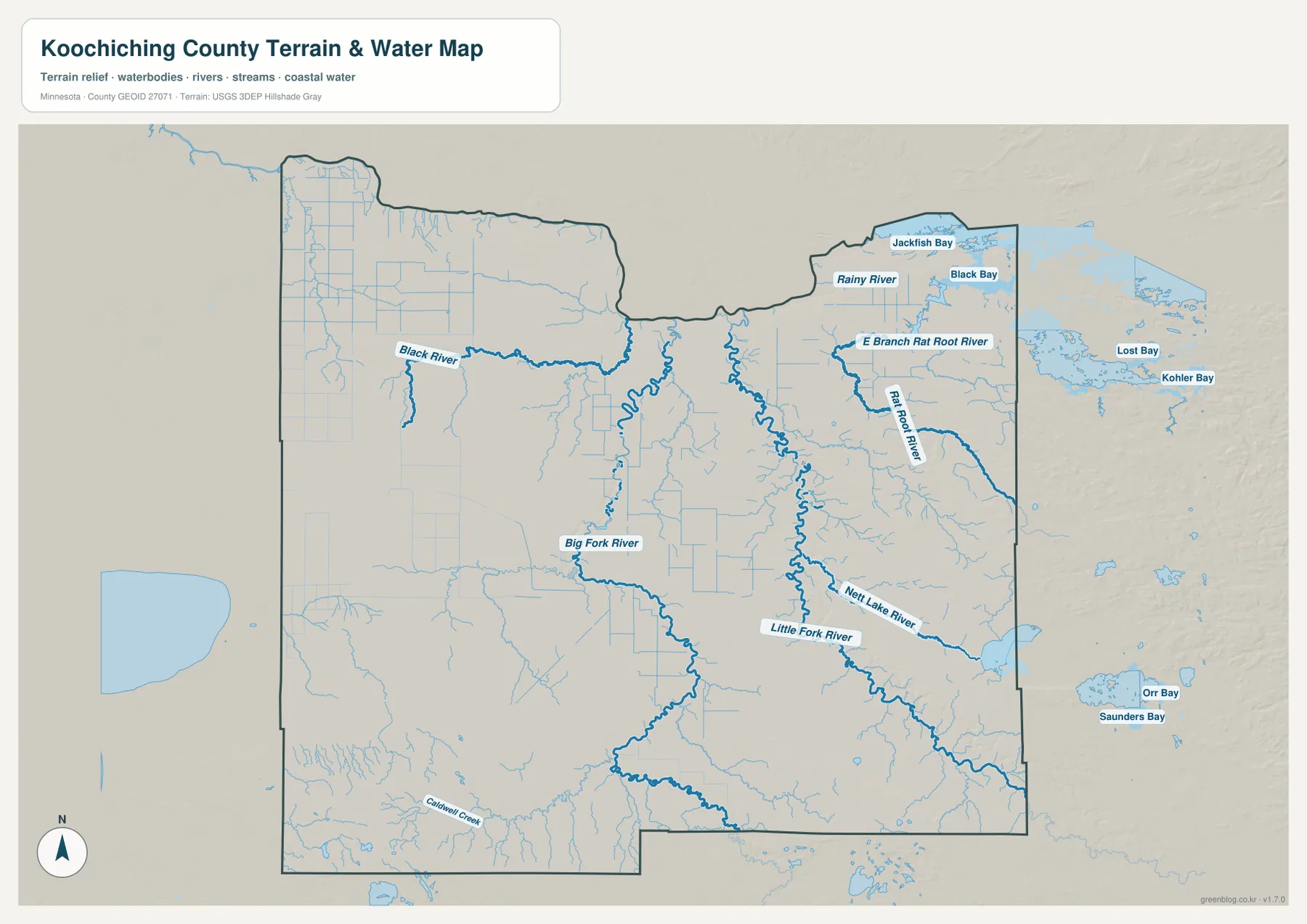 Koochiching County water map showing Rainy River, Big Fork River, Little Fork River, Rat Root River, Nett Lake River and major bays