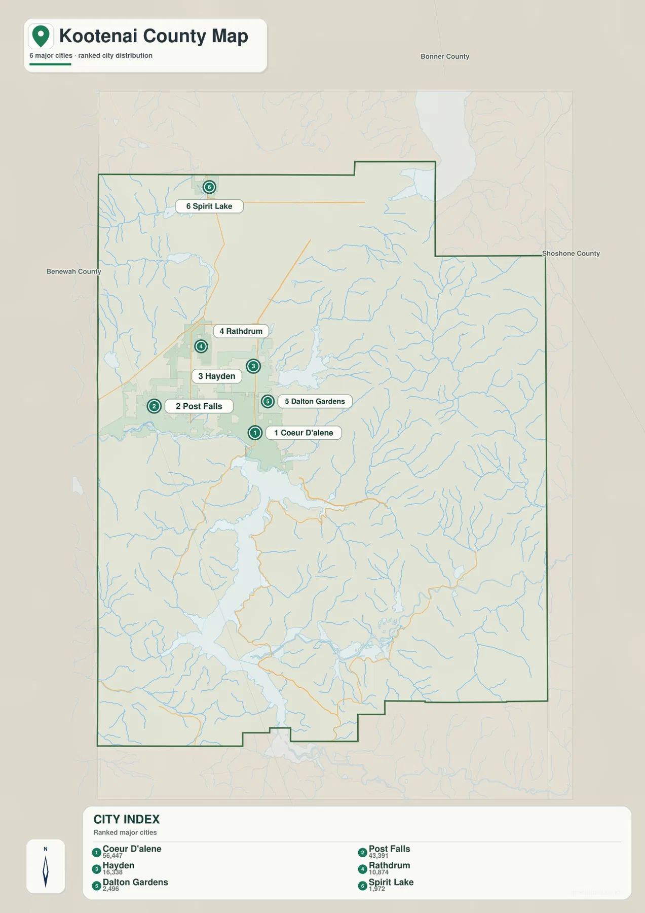 Ranked city map of Kootenai County showing Coeur d’Alene, Post Falls, Hayden, Rathdrum, Dalton Gardens, and Spirit Lake
