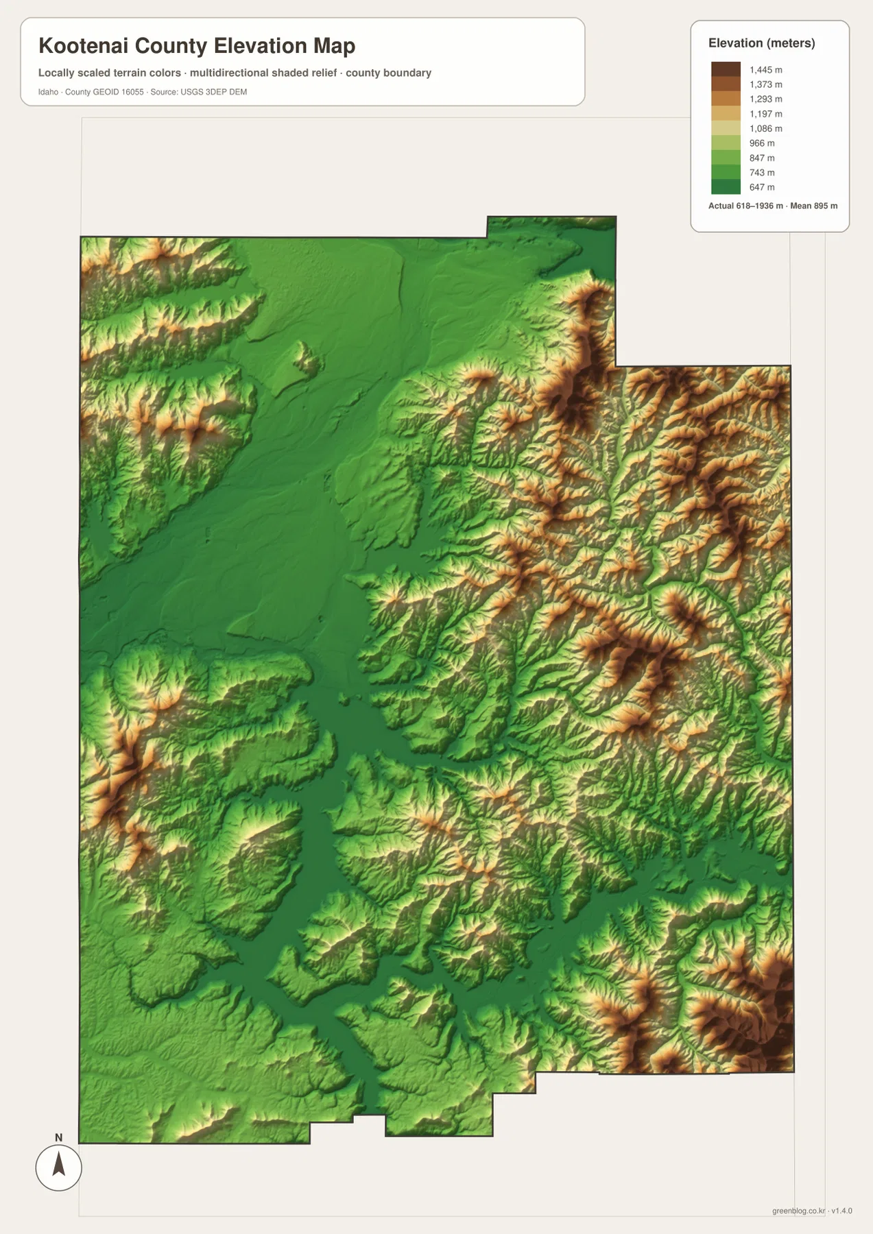 Kootenai County elevation map showing low areas around Lake Coeur d’Alene and high eastern mountain ridges