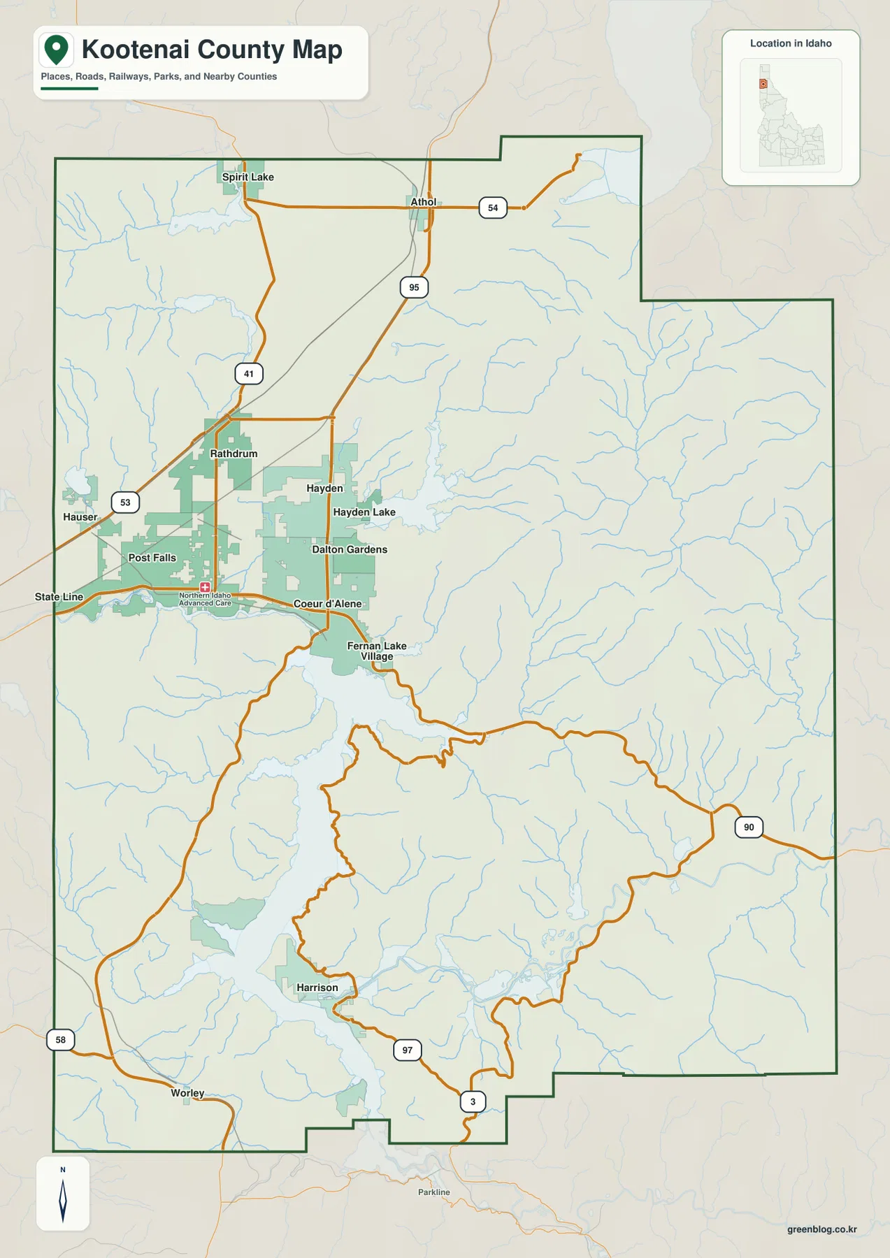 Kootenai County map showing Coeur d’Alene, Post Falls, Hayden, Rathdrum, I-90, US 95, and Lake Coeur d’Alene