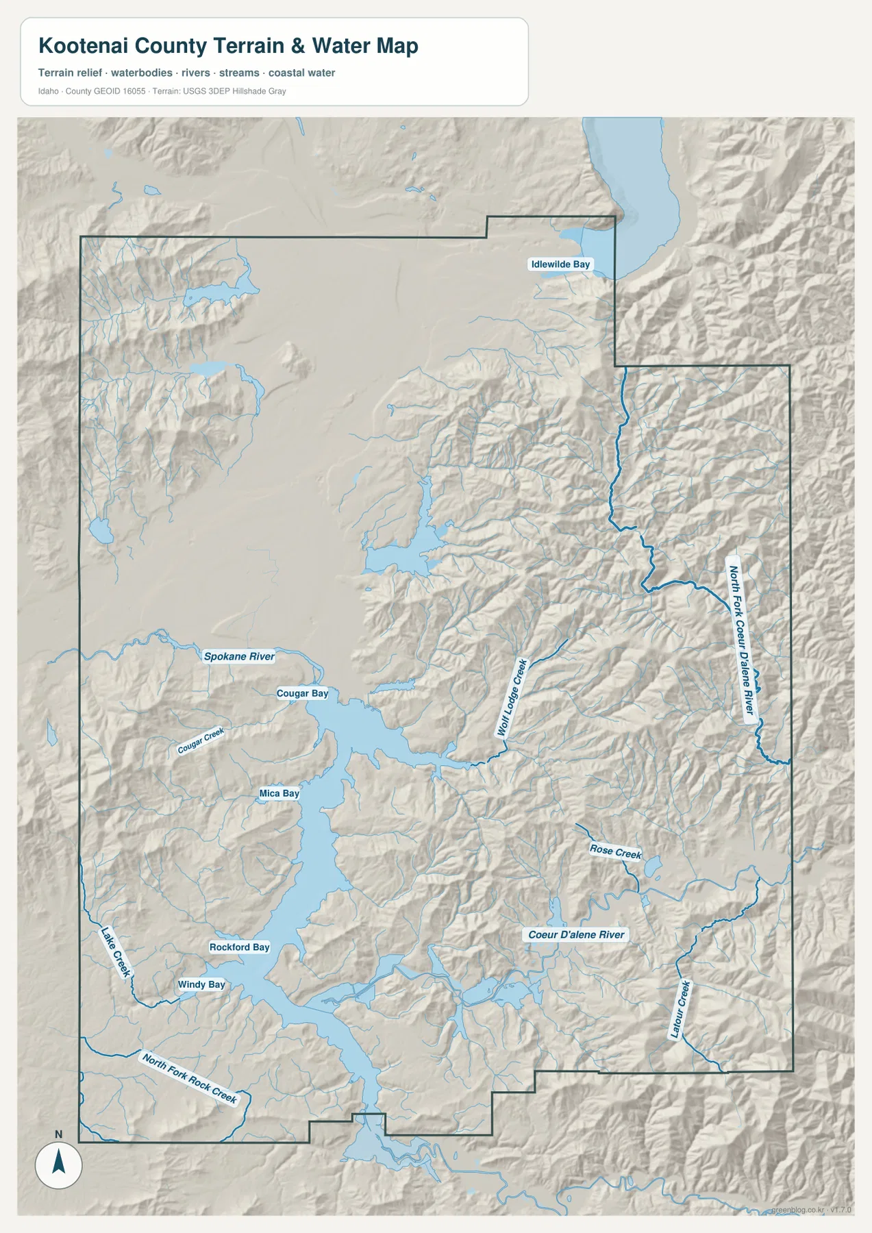 Kootenai County terrain and water map showing Lake Coeur d’Alene, Spokane River, Coeur d’Alene River, and mountain tributaries