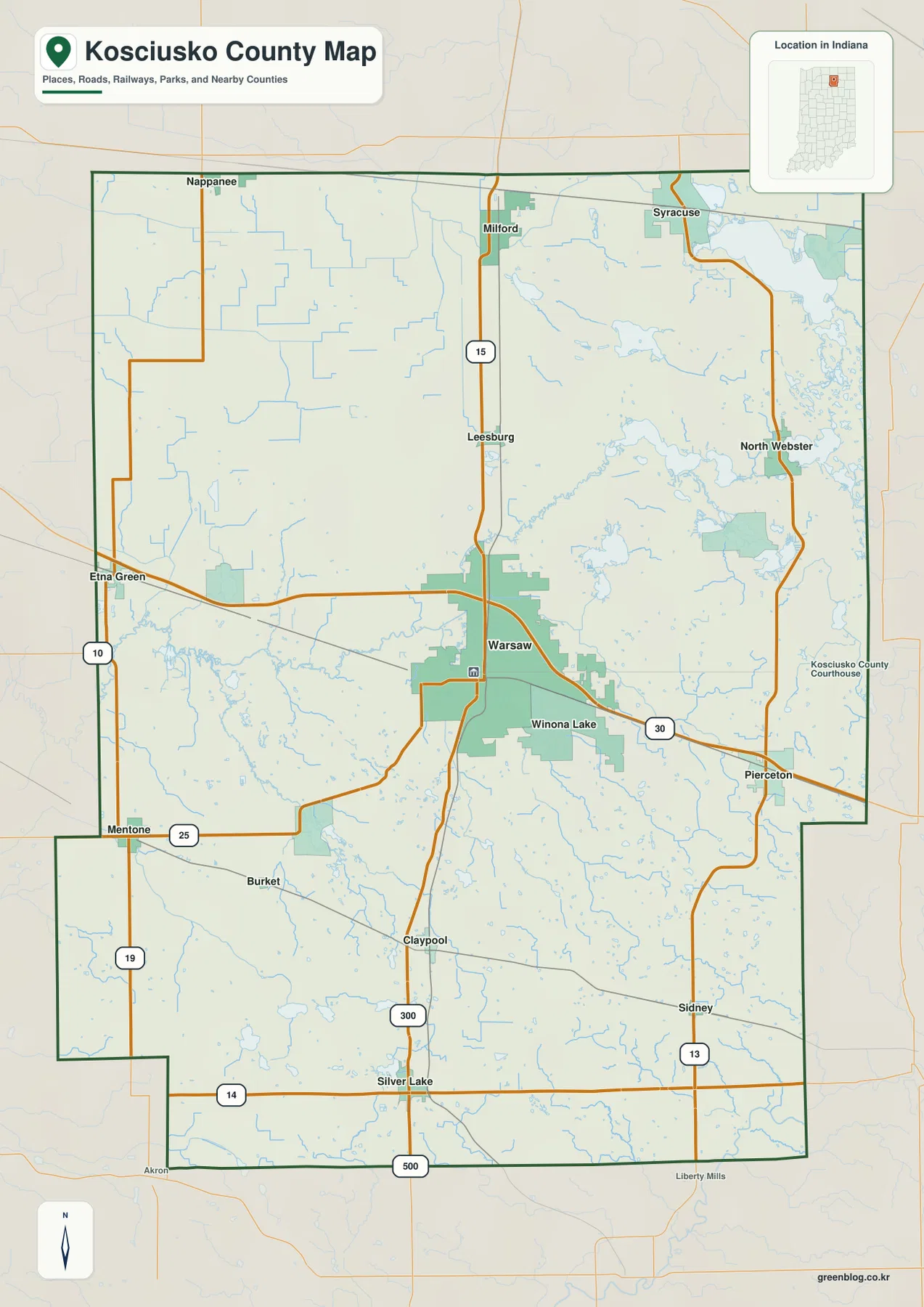 인디애나주 Kosciusko County 일반 지도에 Warsaw, Winona Lake, Syracuse, Milford, North Webster, Pierceton과 주요 도로가 표시된 모습