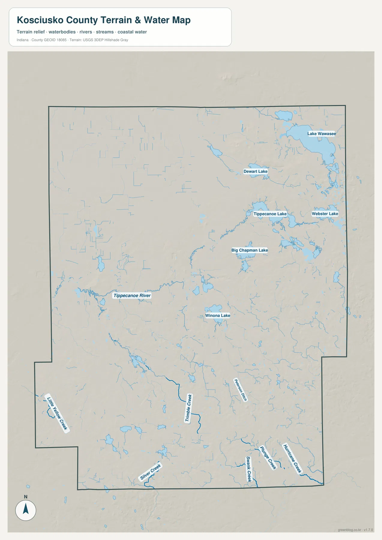 Kosciusko County 수역·지형 지도에 Lake Wawasee, Tippecanoe Lake, Webster Lake, Dewart Lake, Big Chapman Lake, Winona Lake와 Tippecanoe River가 표시된 모습
