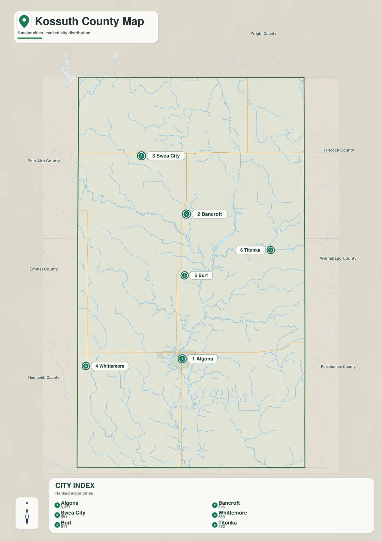 Kossuth County Iowa city map Algona Bancroft Swea City Whittemore Burt Titonka
