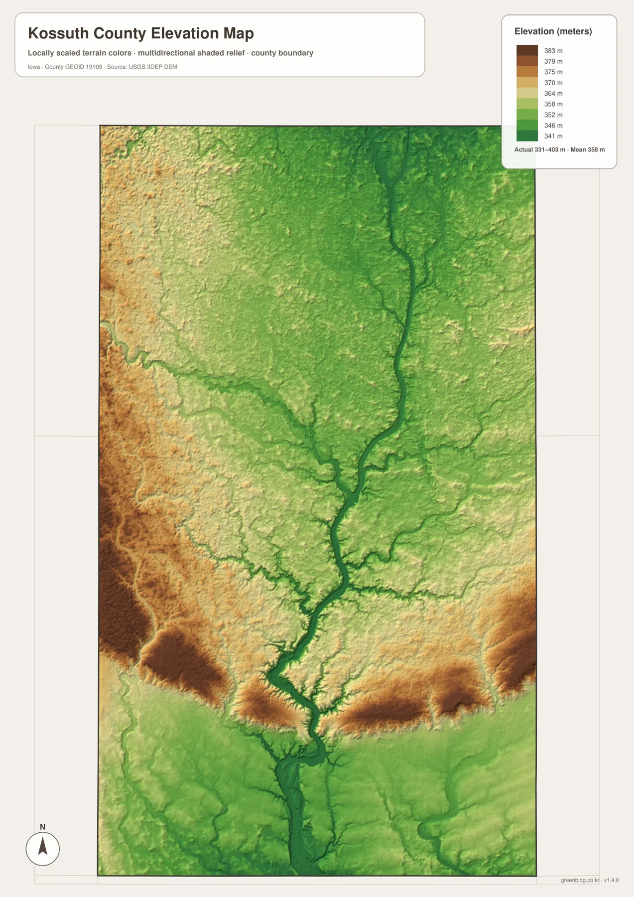 Kossuth County Iowa elevation map 331 403 meters East Fork Des Moines River western high ground