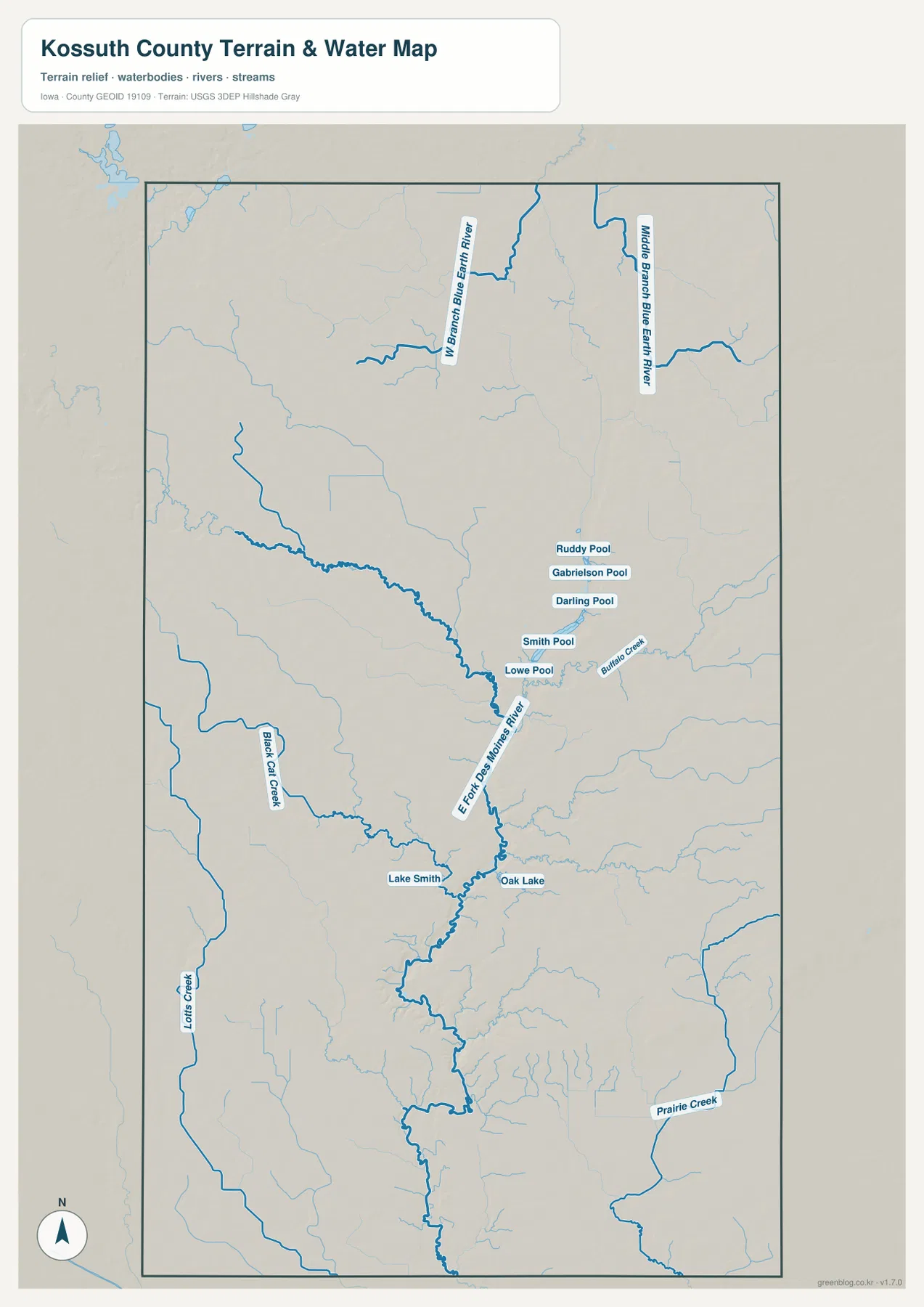 Kossuth County Iowa water map East Fork Des Moines River Blue Earth River Buffalo Creek Lake Smith