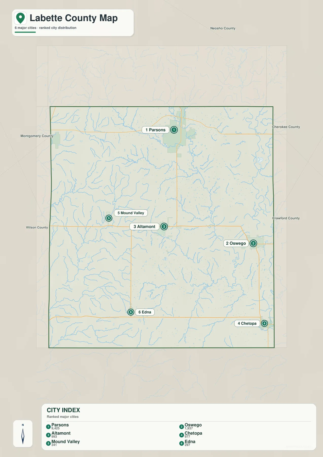 러벳 카운티 도시 지도에 표시된 Parsons, Oswego, Altamont, Chetopa, Mound Valley, Edna의 순위와 위치