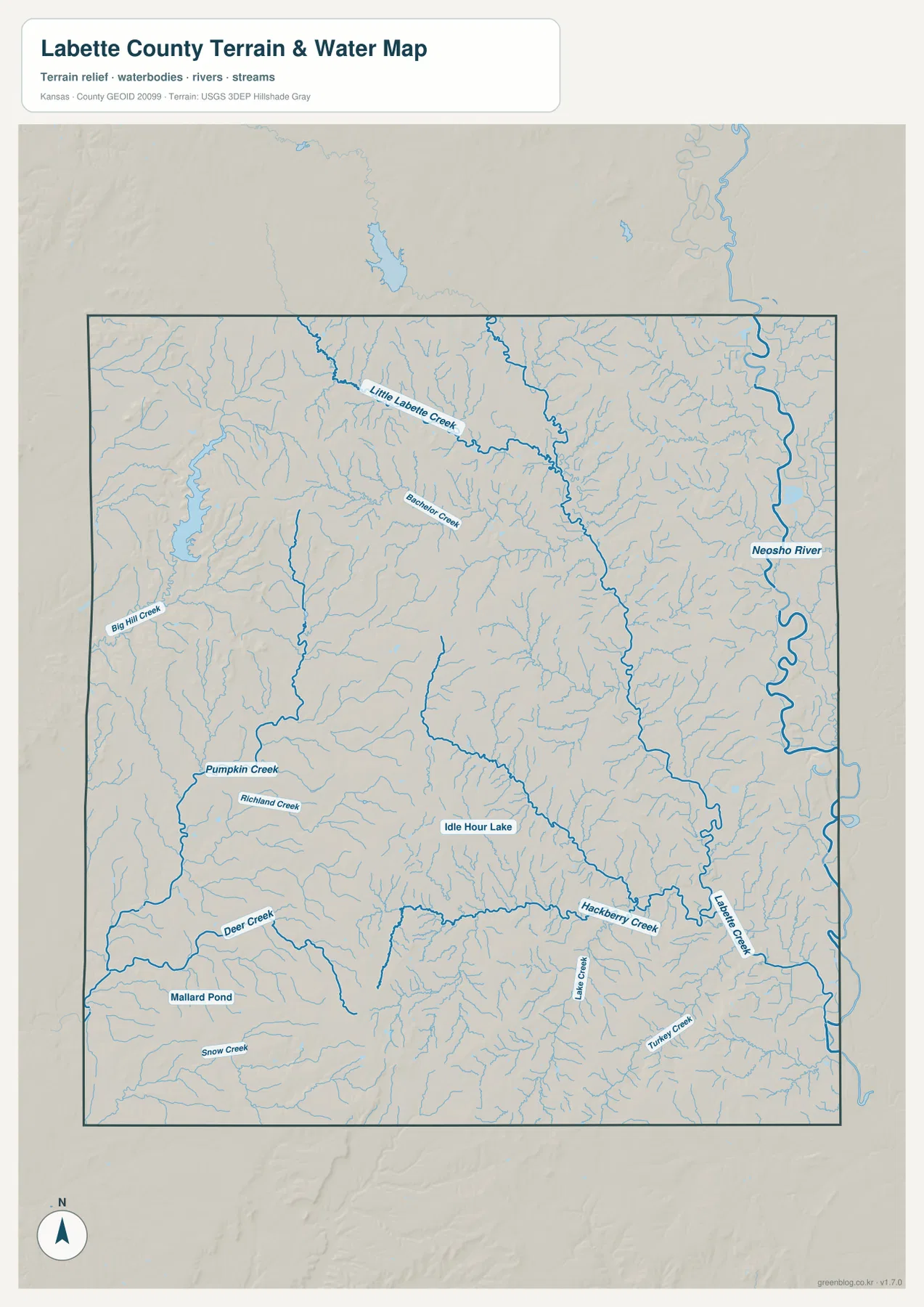 러벳 카운티 수역 지도에 표시된 Neosho River, Little Labette Creek, Labette Creek, Big Hill Creek, Pumpkin Creek, Deer Creek, Hackberry Creek, Idle Hour Lake와 주요 지류