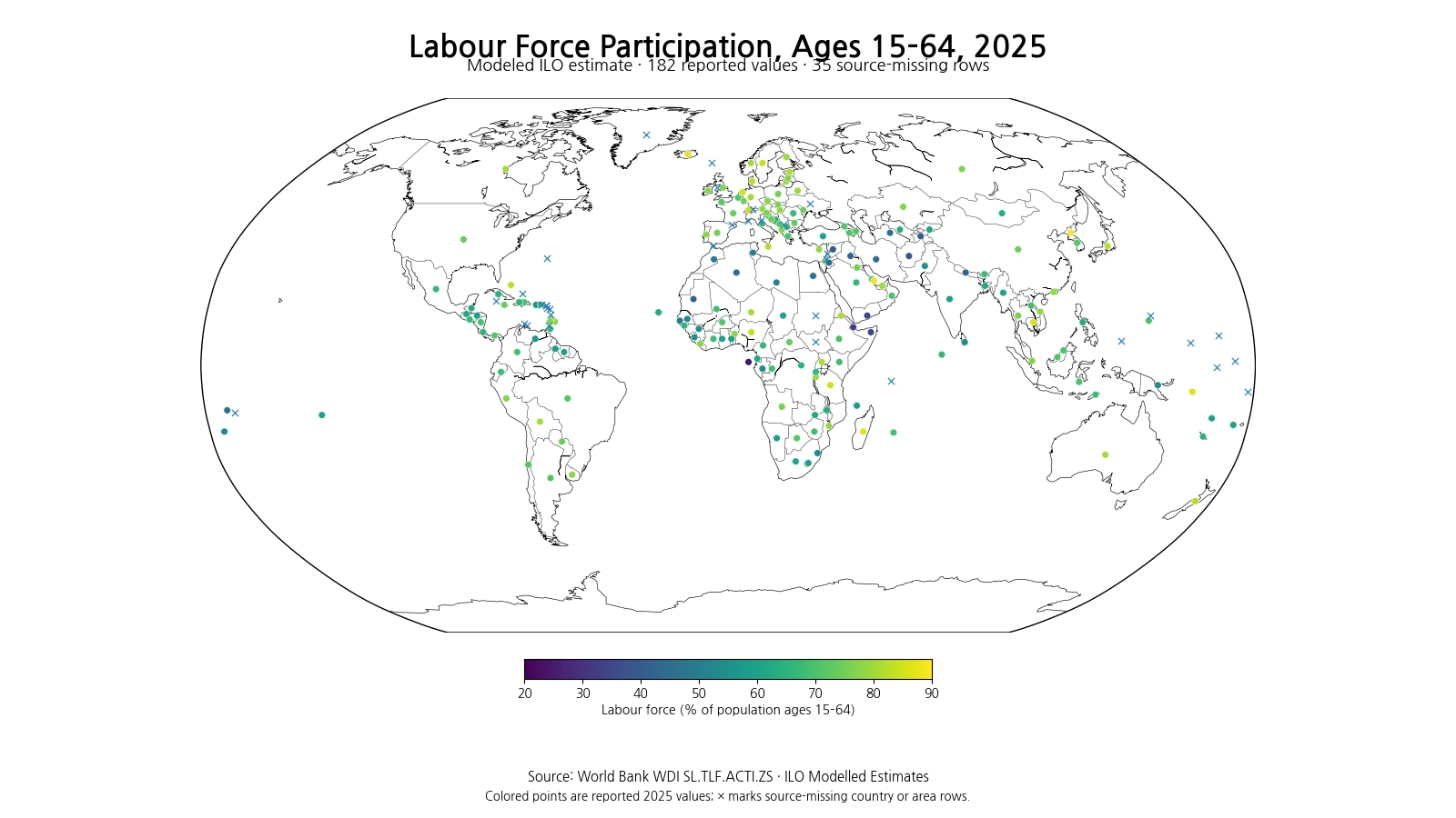 World map of labour force participation among people ages 15–64 in 2025