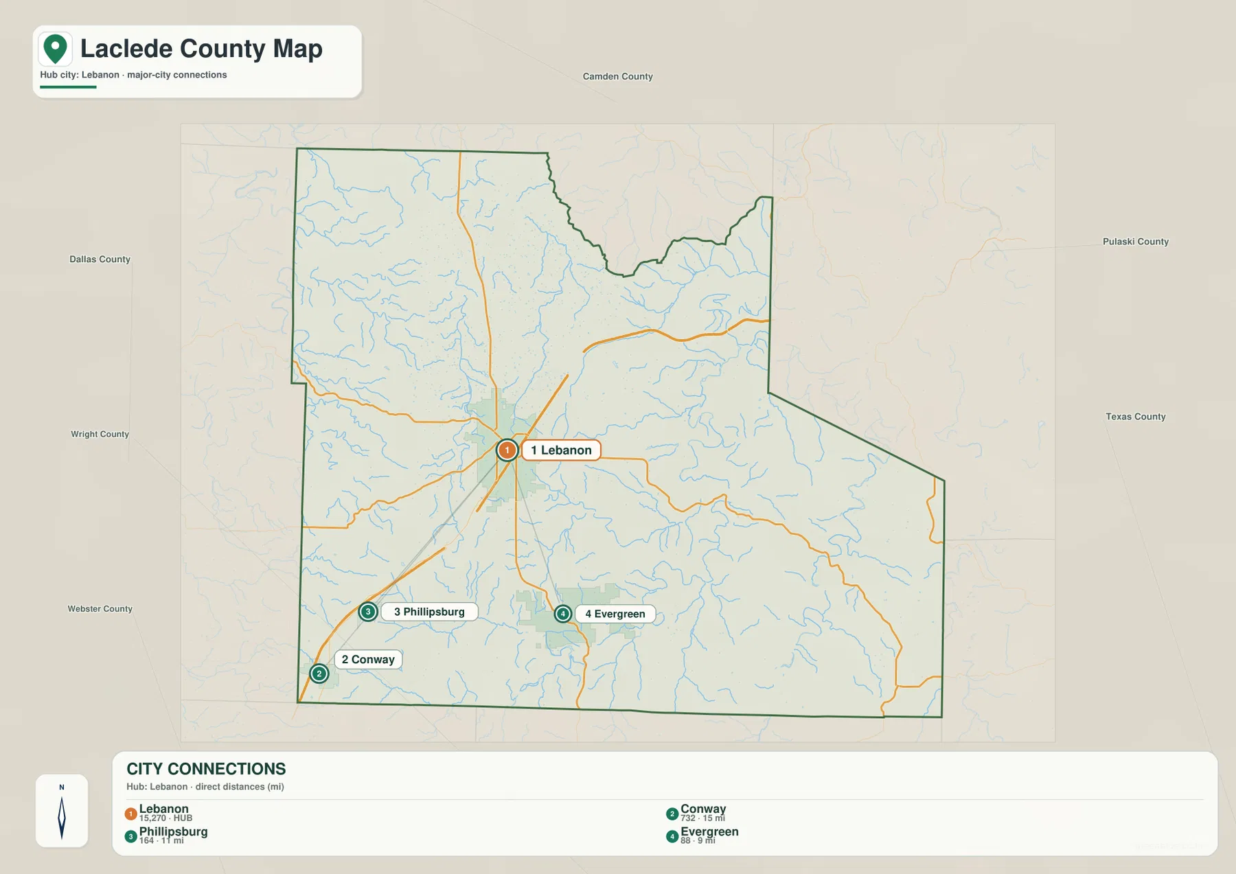 Laclede County Lebanon city connections map