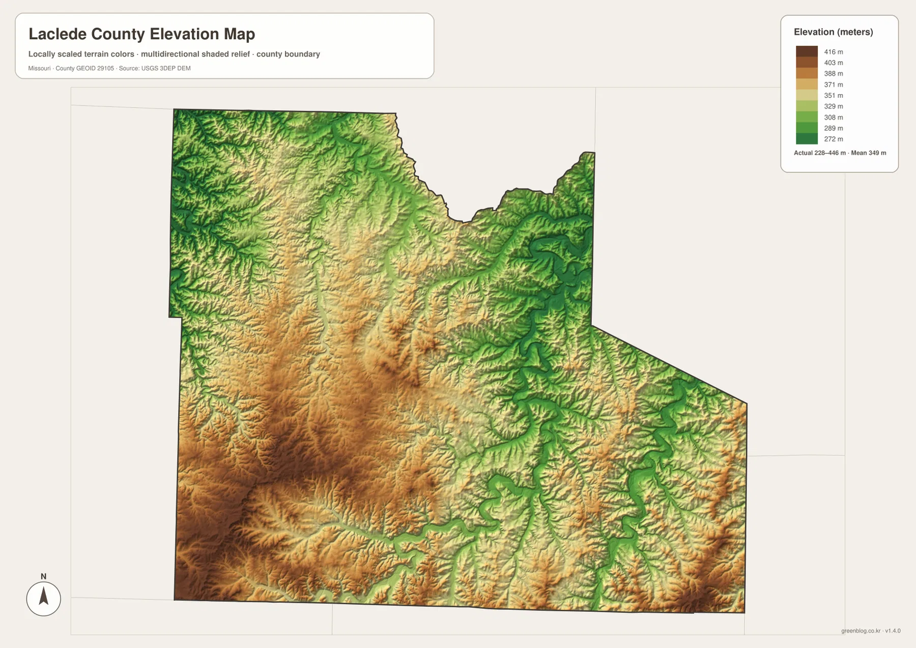 Laclede County elevation map from 228 to 446 meters