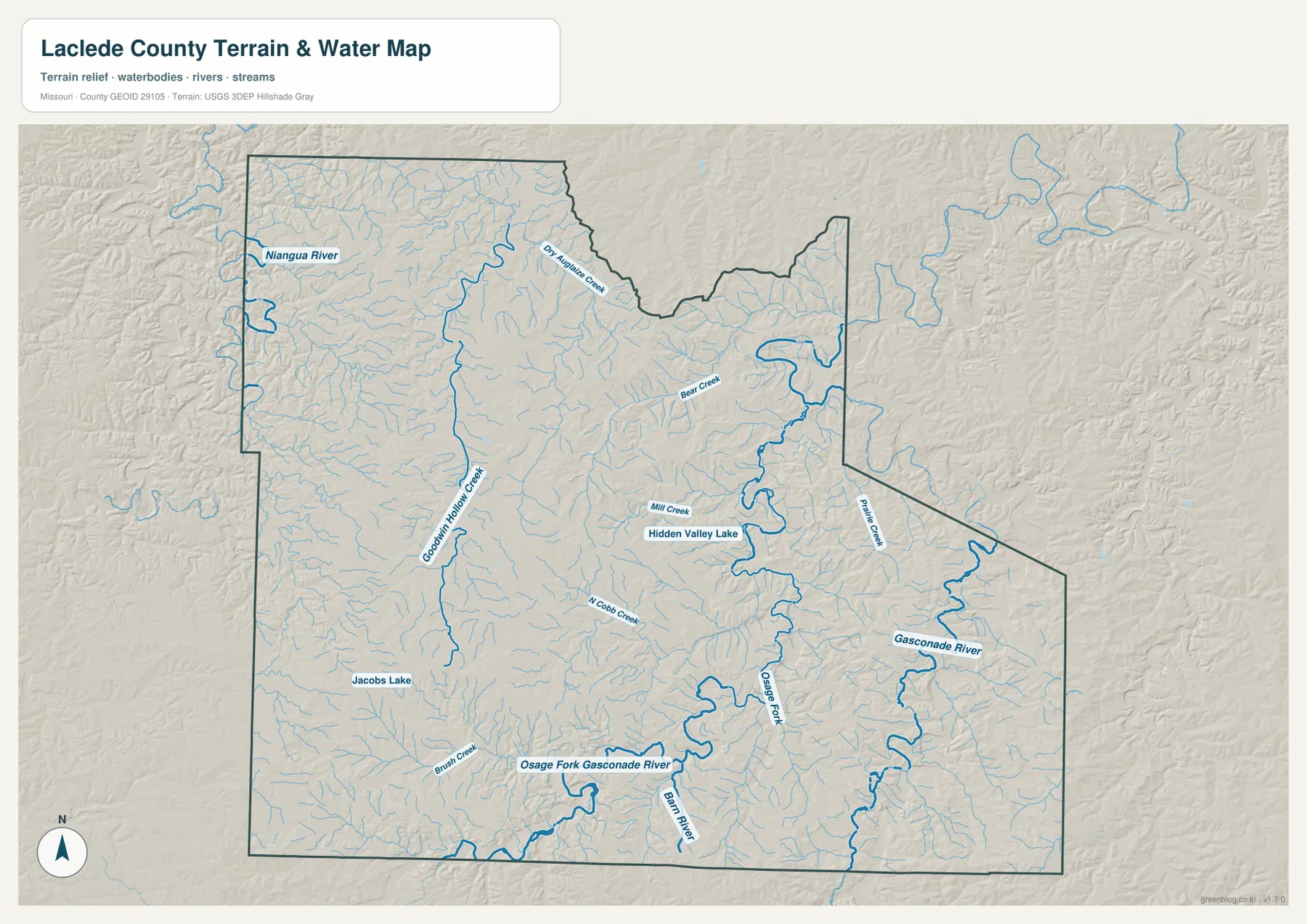 Laclede County Niangua and Gasconade river terrain map