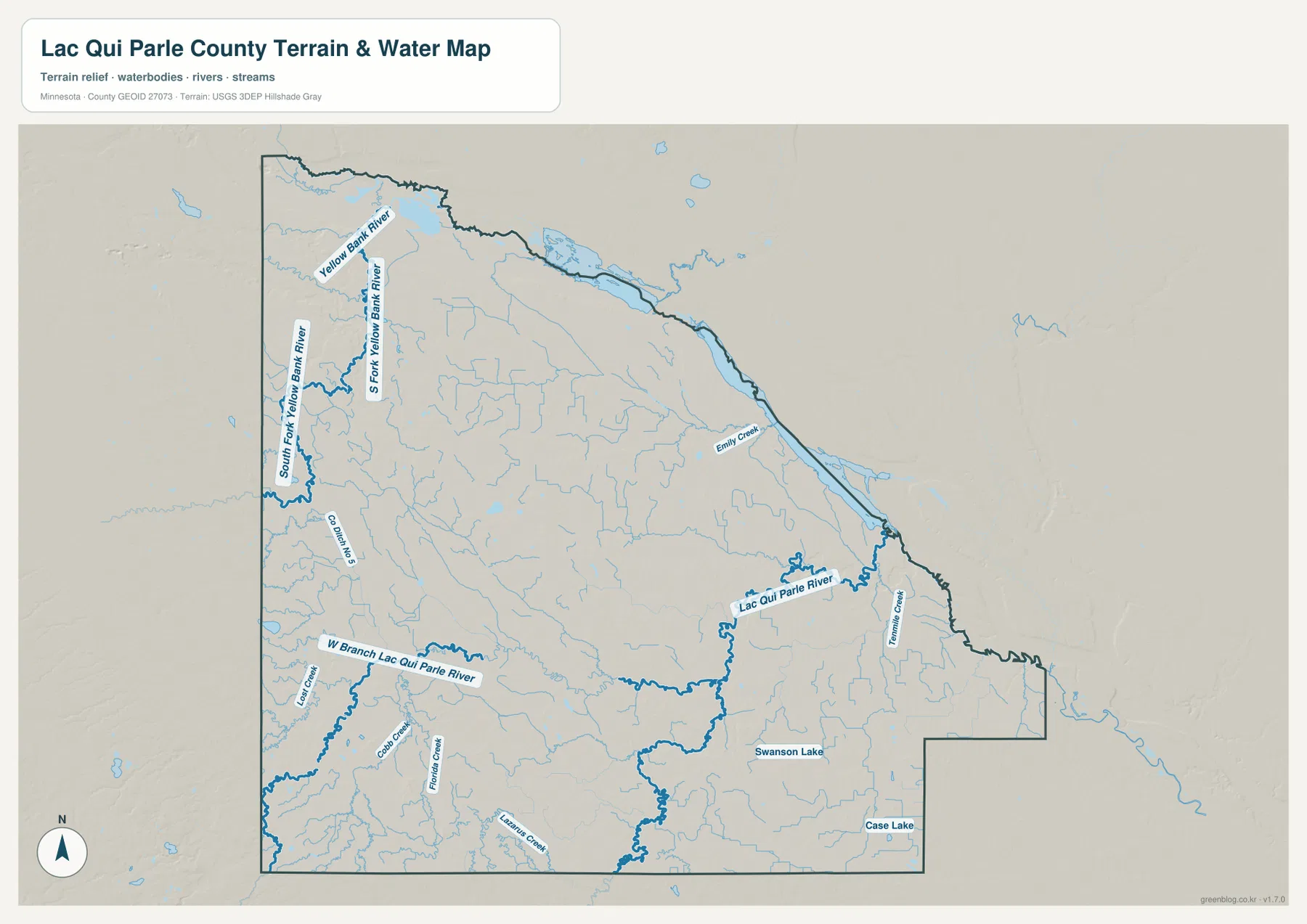 Yellow Bank River, South Fork Yellow Bank River, Lac qui Parle River, West Branch Lac qui Parle River와 주요 호수가 표시된 Lac qui Parle County 수역 지도