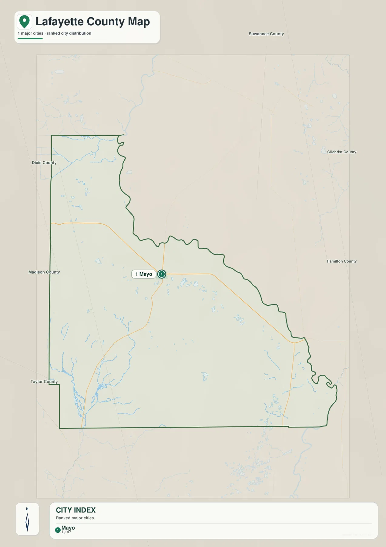 Lafayette County city map showing Mayo and surrounding Florida counties