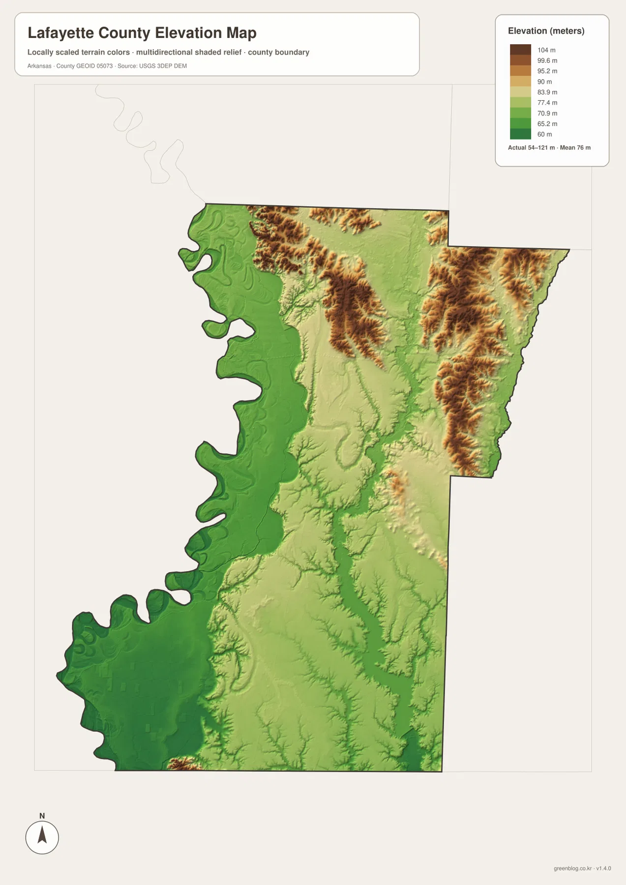 Lafayette County Arkansas elevation map showing a 54 to 121 meter range with northern ridges and low Red River country to the west