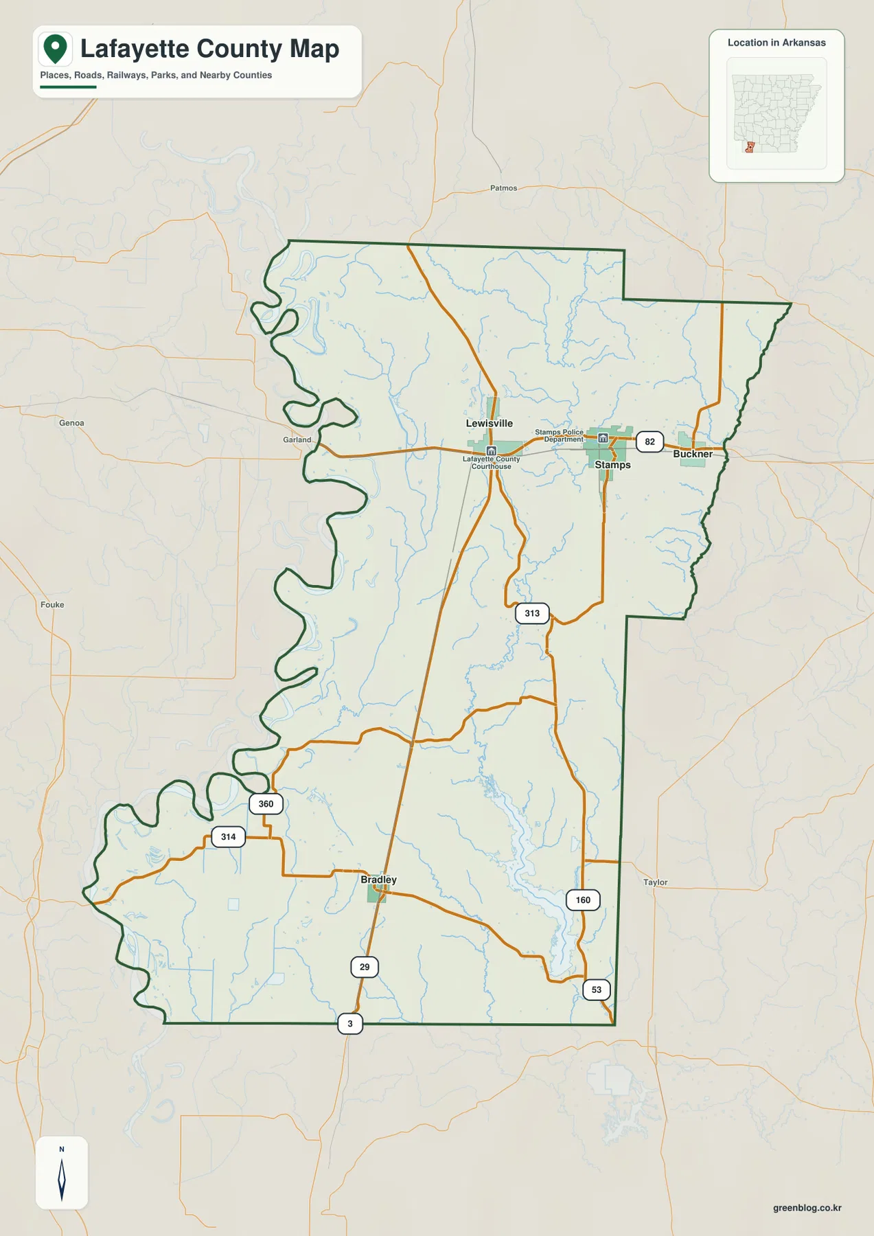Lafayette County Arkansas map showing Stamps, Lewisville, Buckner, Bradley and major roads