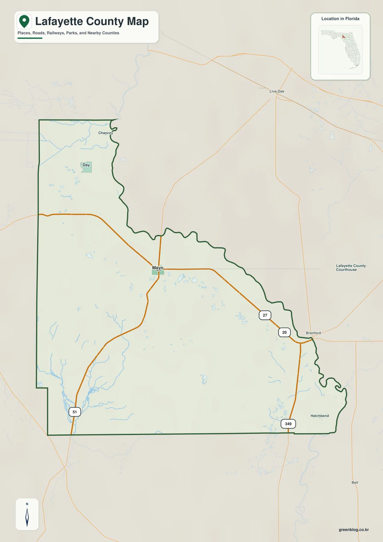 Map of Lafayette County Florida showing Mayo, Day, U.S. 27, SR 51, SR 349, and the Suwannee River boundary