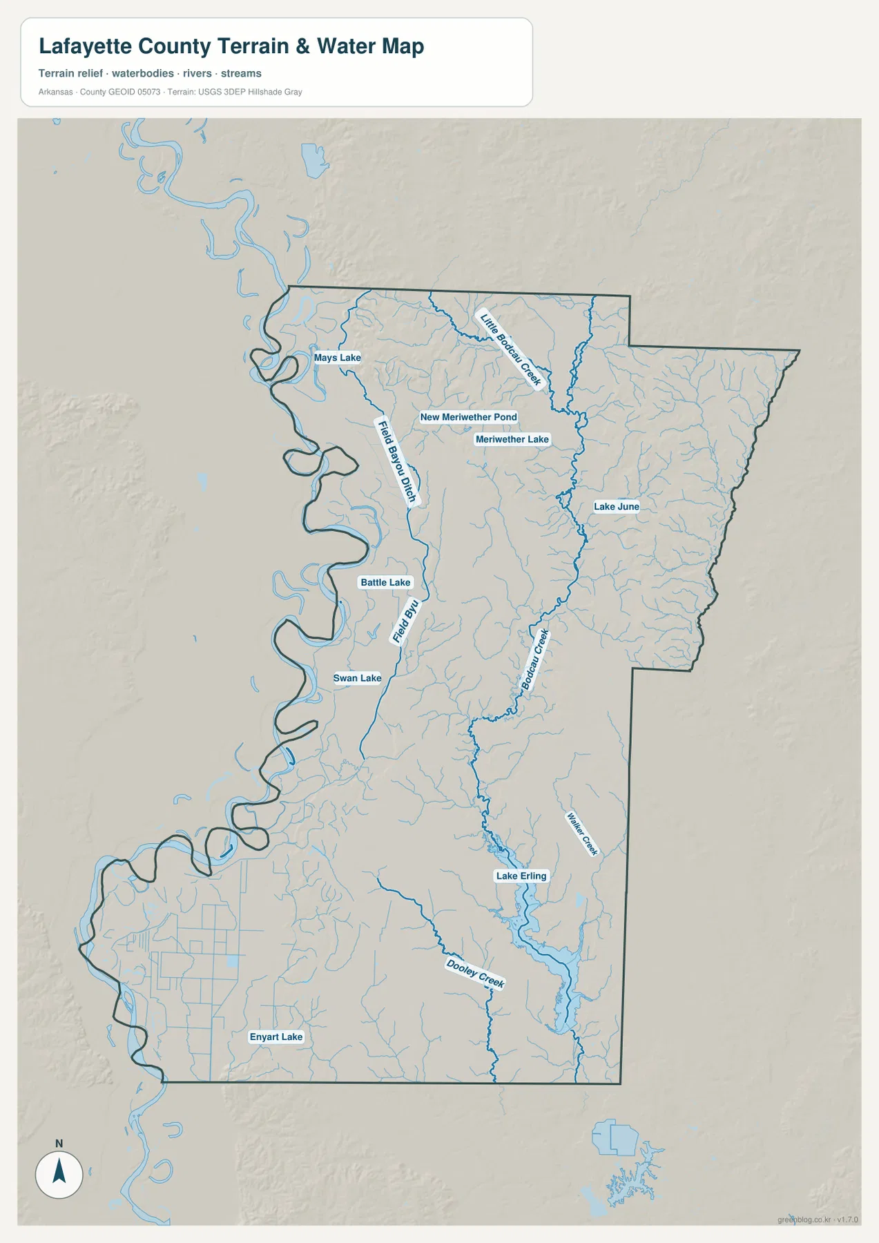 Lafayette County terrain and water map showing Little Bodcau Creek, Bodcau Creek, Walker Creek, Lake Erling and named lakes