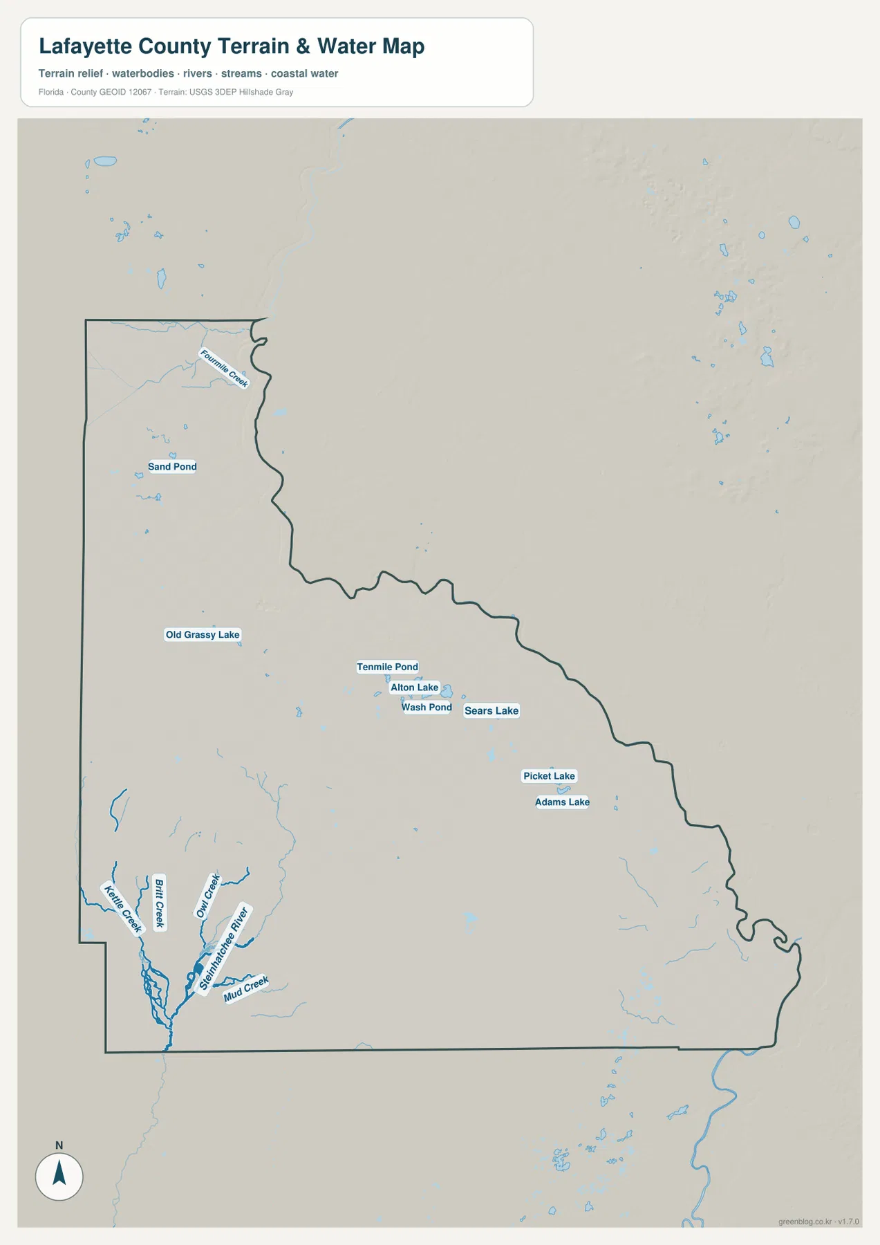 Lafayette County water map showing the Suwannee River boundary, Steinhatchee River, creeks, ponds, and lakes