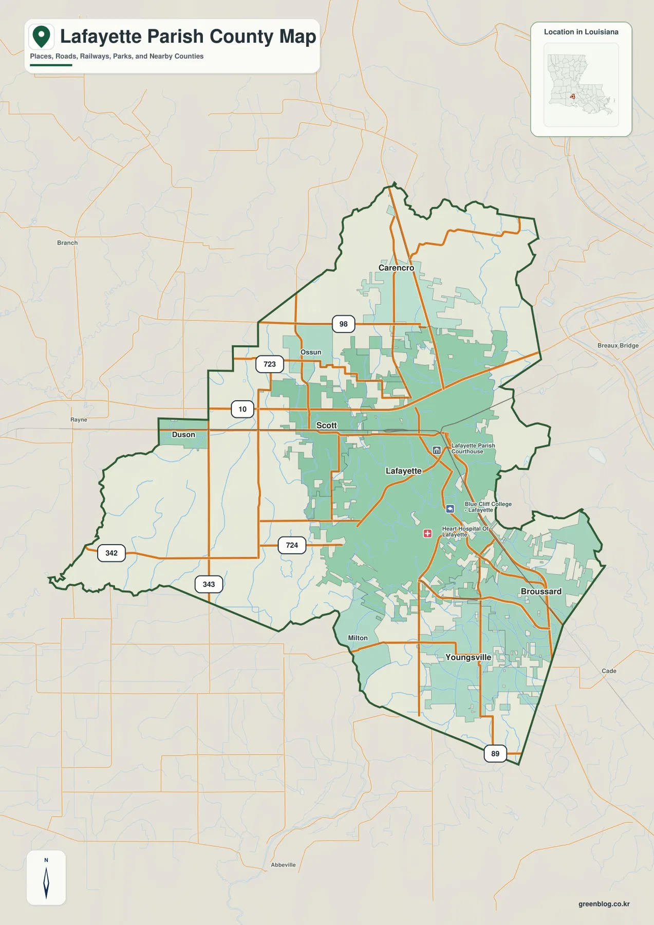 Lafayette Parish map showing Lafayette, Carencro, Scott, Duson, Broussard, Youngsville, and major roads