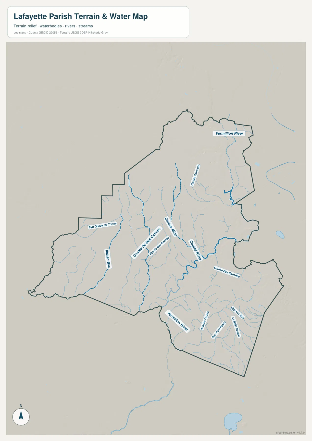 Lafayette Parish terrain and water map showing the Vermilion River, Coulee Ile des Cannes, Indian Bayou, Bayou Queue de Tortue, and Cypress Bayou