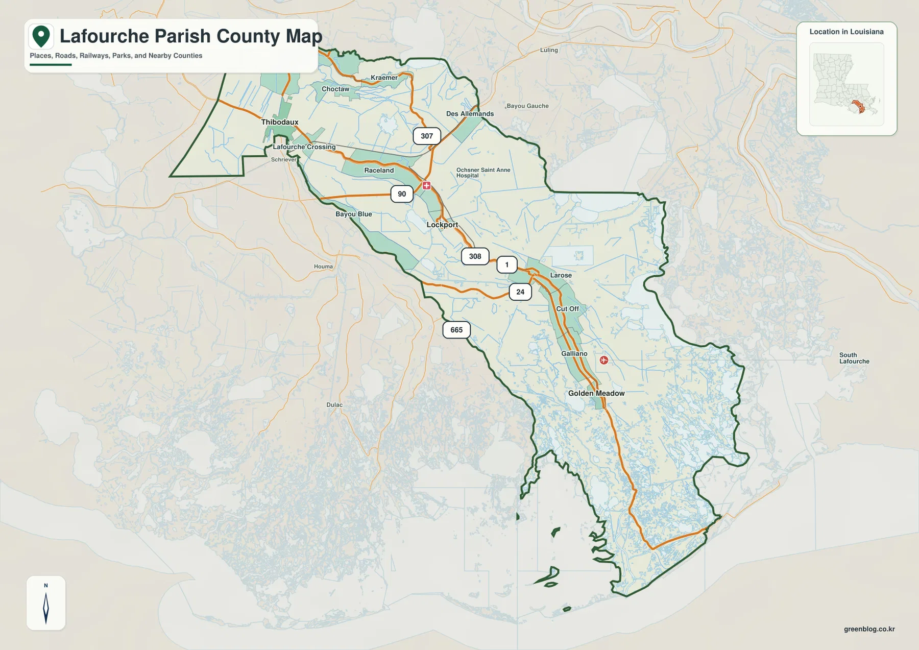 Lafourche Parish map showing Thibodaux, Raceland, Lockport, Larose, Cut Off, Galliano, Golden Meadow, and major roads