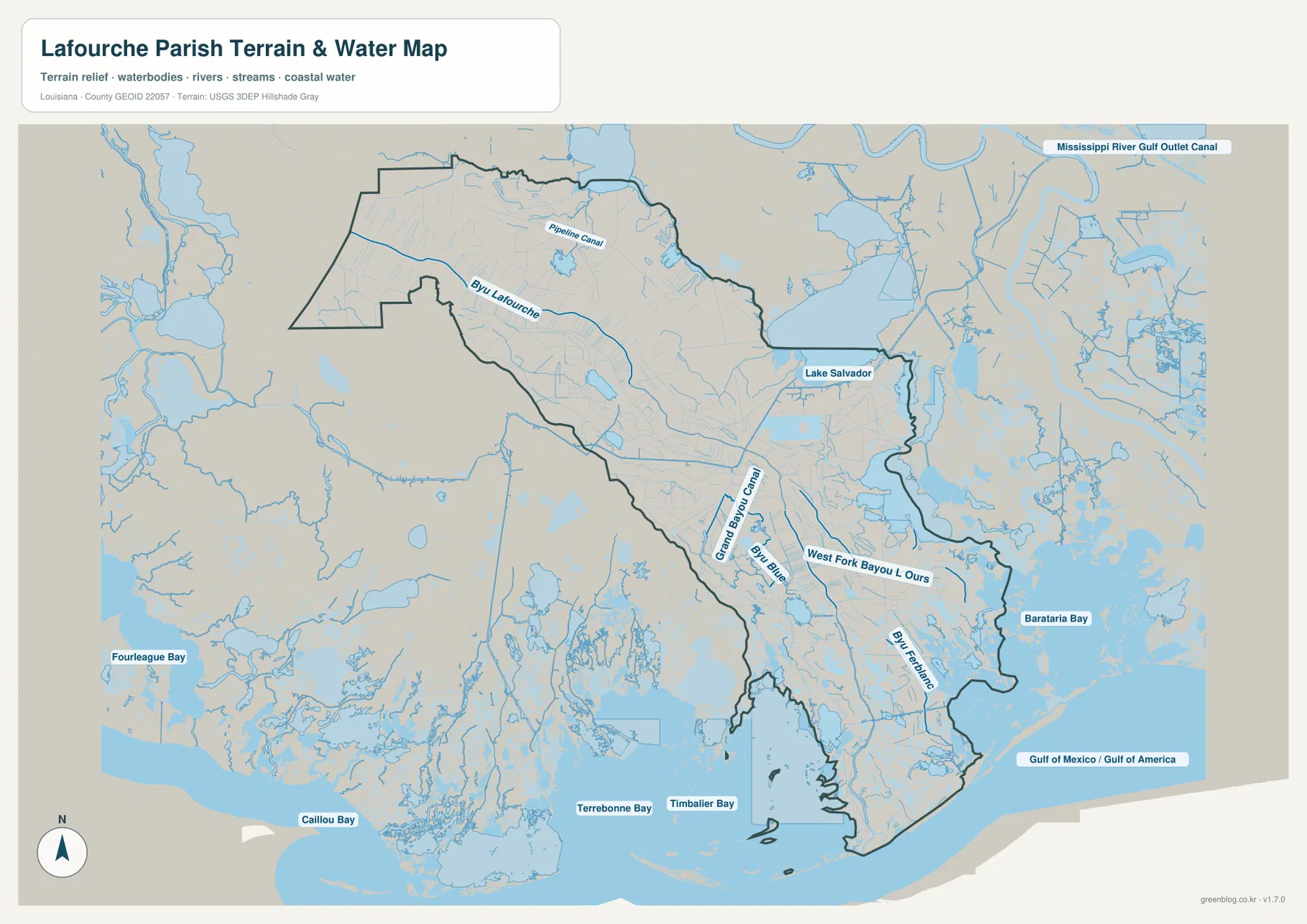 Lafourche Parish terrain and water map showing Bayou Lafourche, Lake Salvador, Grand Bayou Canal, West Fork Bayou L'Ours, and Timbalier Bay