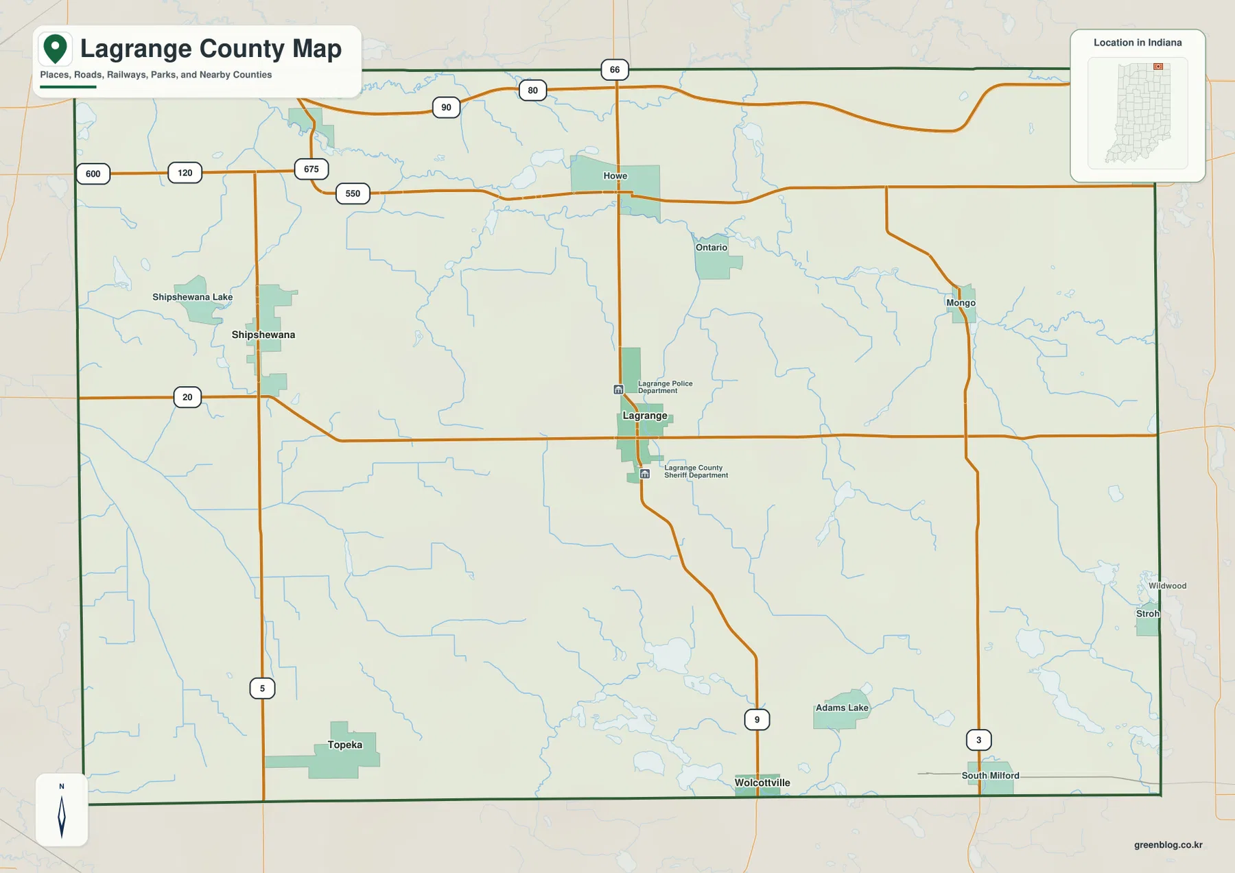 인디애나주 LaGrange County 일반 지도에 LaGrange, Shipshewana, Topeka, Howe, Mongo, Wolcottville, U.S. 20과 State Road 9·5·3이 표시된 모습