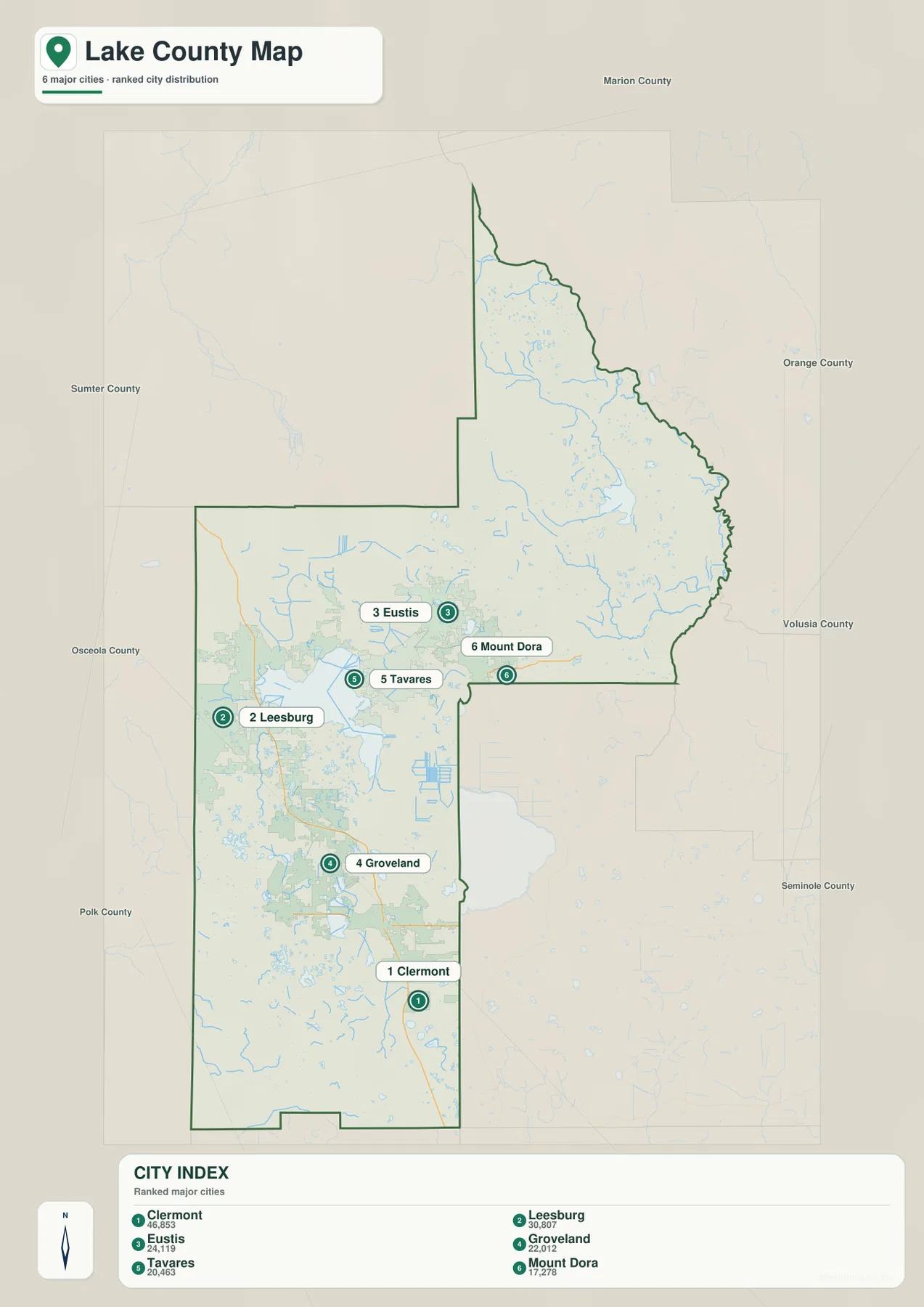 Lake County city map showing Clermont, Leesburg, Eustis, Groveland, Tavares, and Mount Dora