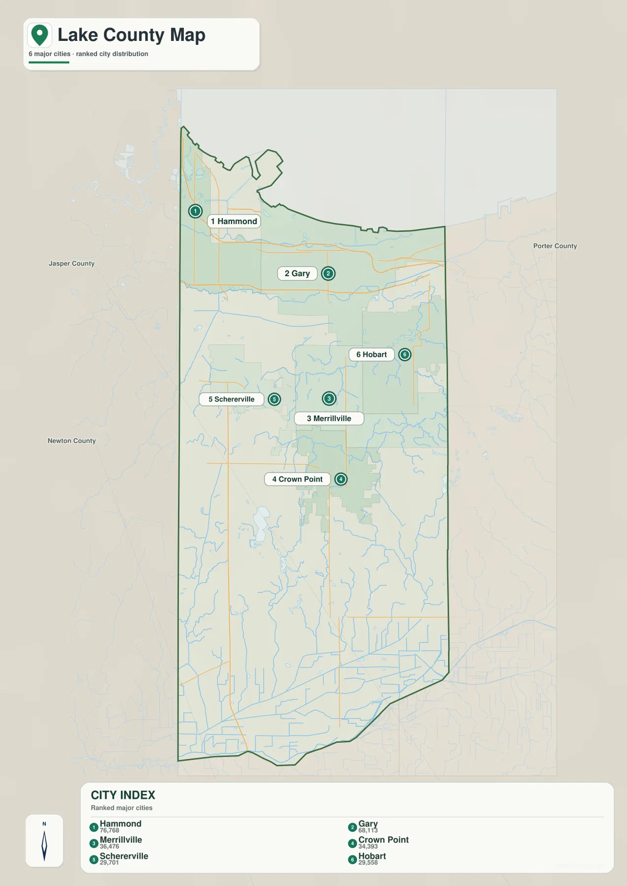 Lake County 도시 인덱스 지도에 Hammond, Gary, Merrillville, Crown Point, Schererville, Hobart가 순위와 함께 표시된 모습