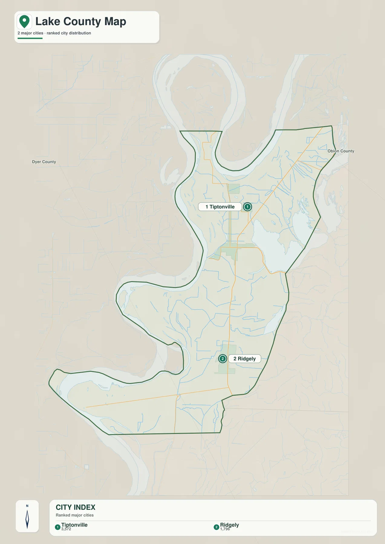 Lake County Tennessee city map showing Tiptonville and Ridgely