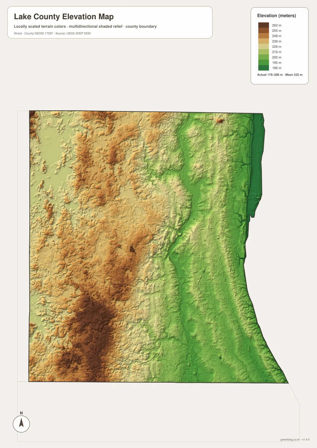 Lake County elevation map Lake Michigan lowlands western uplands 176 to 290 meters
