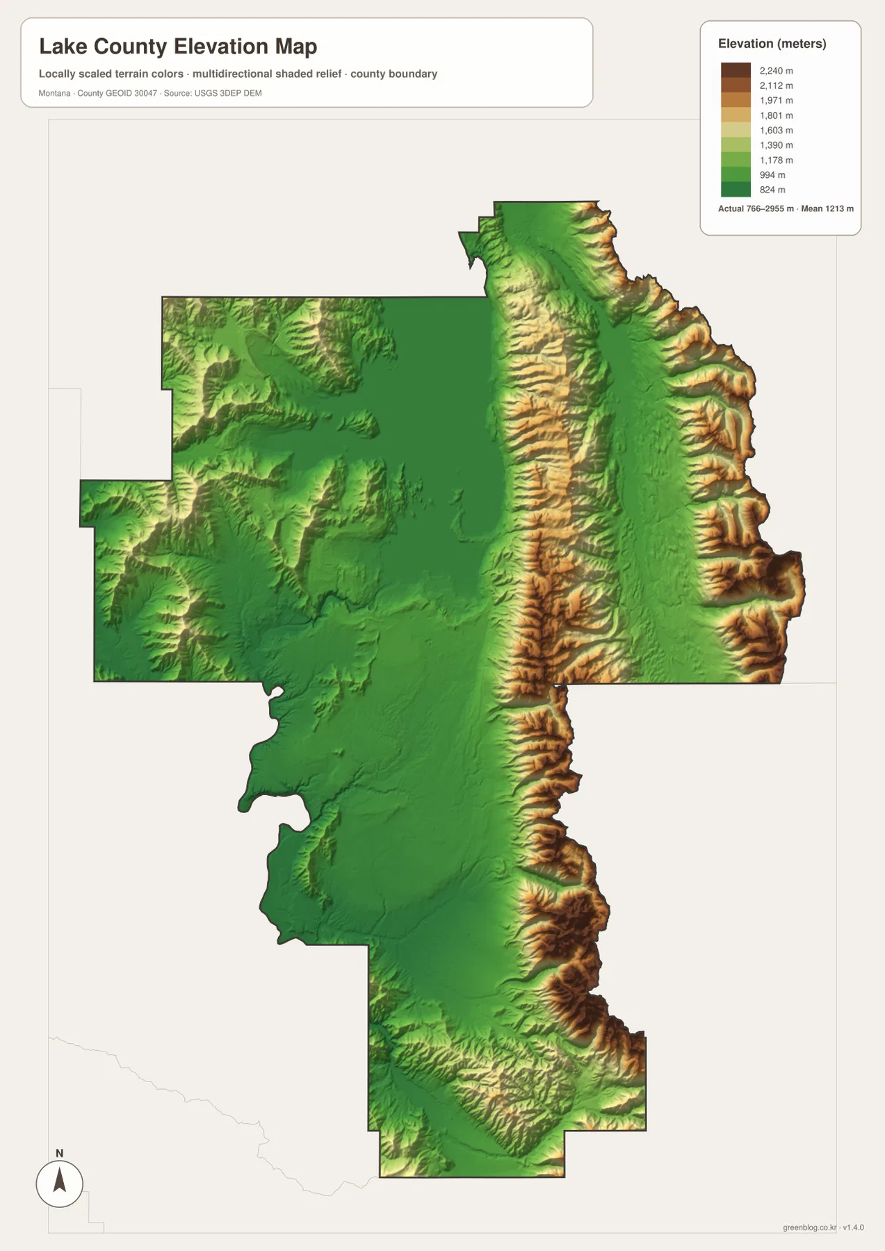Lake County Montana elevation map showing an actual range of 766 to 2955 meters and a mean of 1213 meters