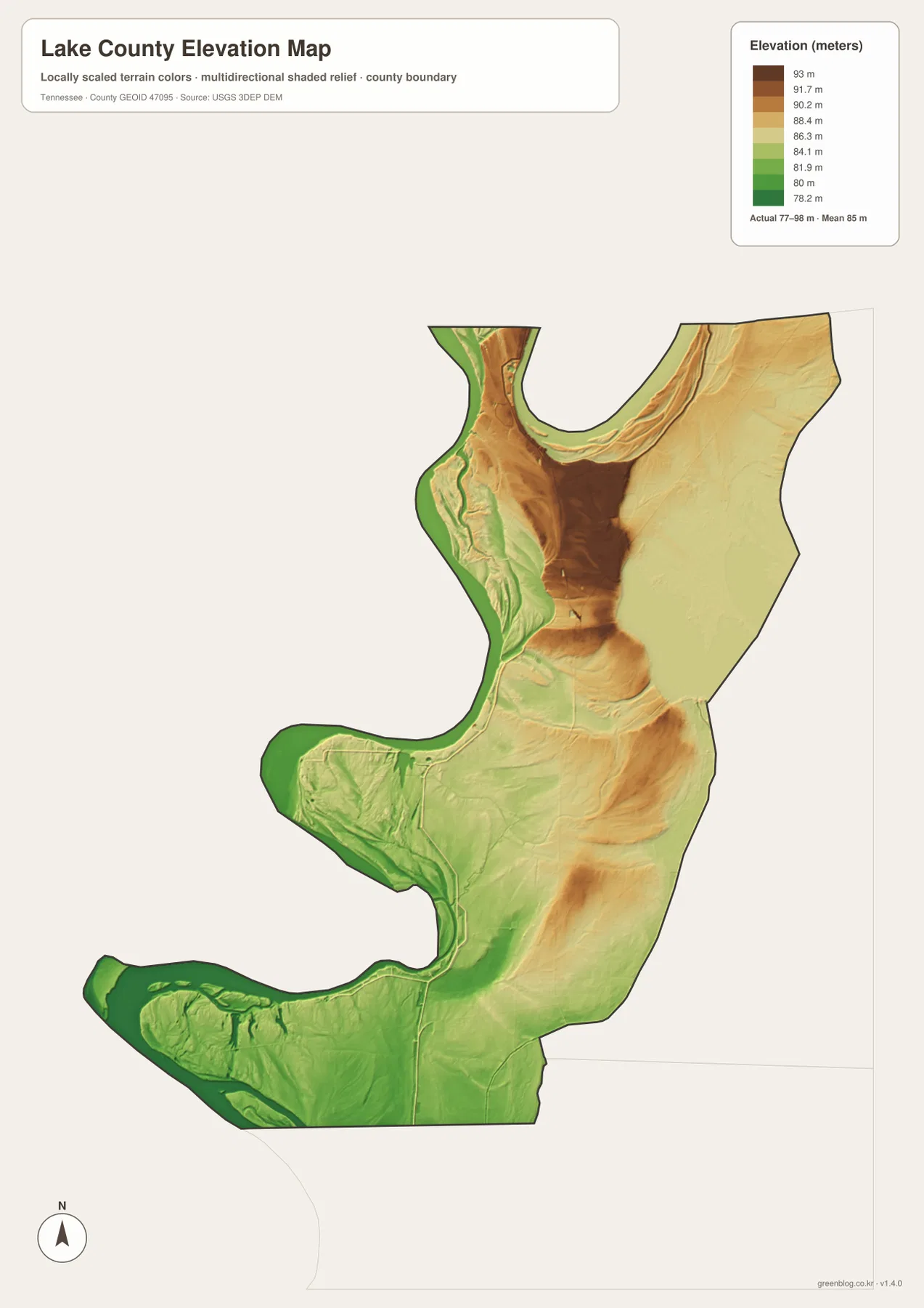 Lake County Tennessee elevation map showing 77 to 98 meter relief, Mississippi River floodplain and subtle higher ground near Tiptonville