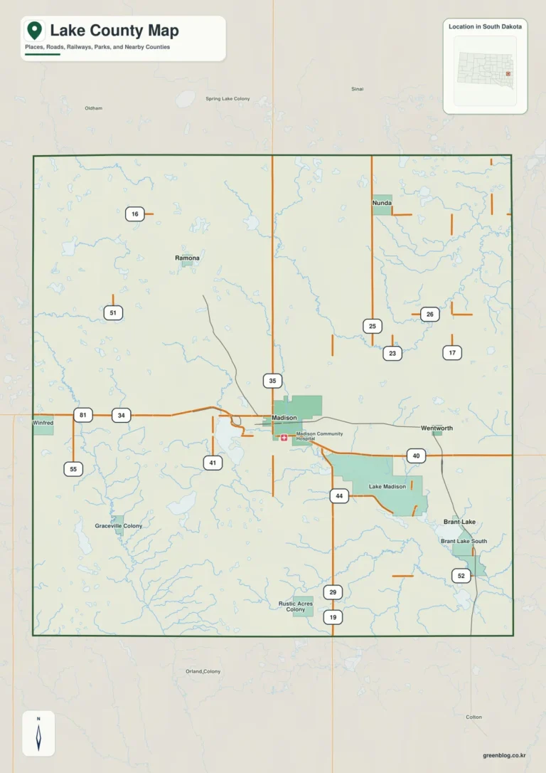 사우스다코타주 레이크 카운티(Lake County) 지도 – Madison과 Lake Herman·Lake Madison 사이의 지형