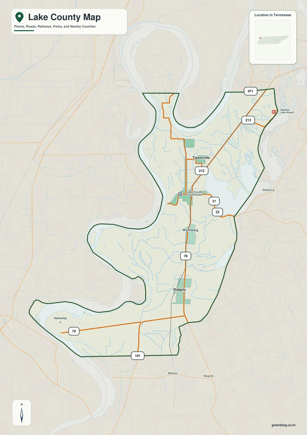 Lake County Tennessee map with Tiptonville, Ridgely, Wynnburg, Hathaway and Routes 78, 79, 212, 213, 21, 22 and 181