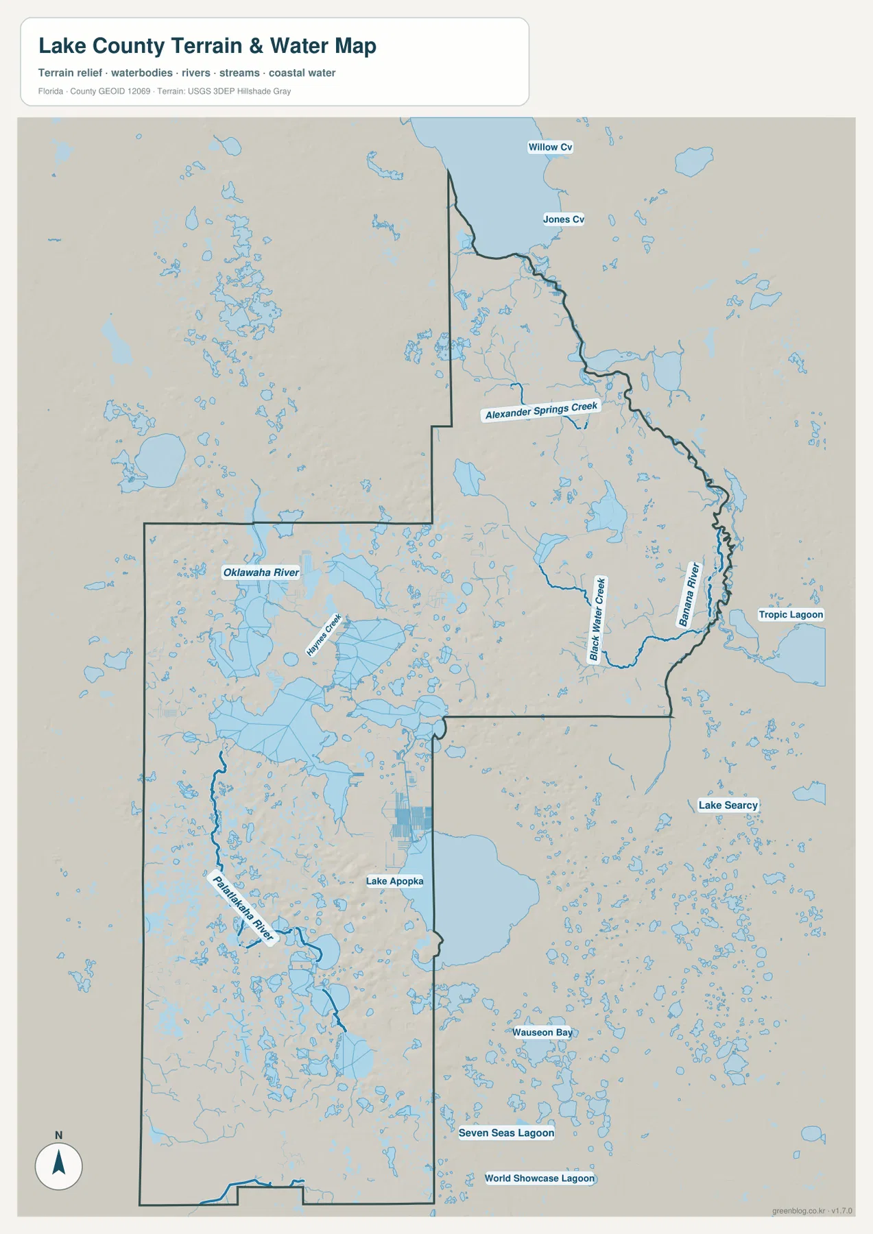 Lake County Florida water map showing the Harris Chain area, Ocklawaha River, Lake Apopka, and smaller streams