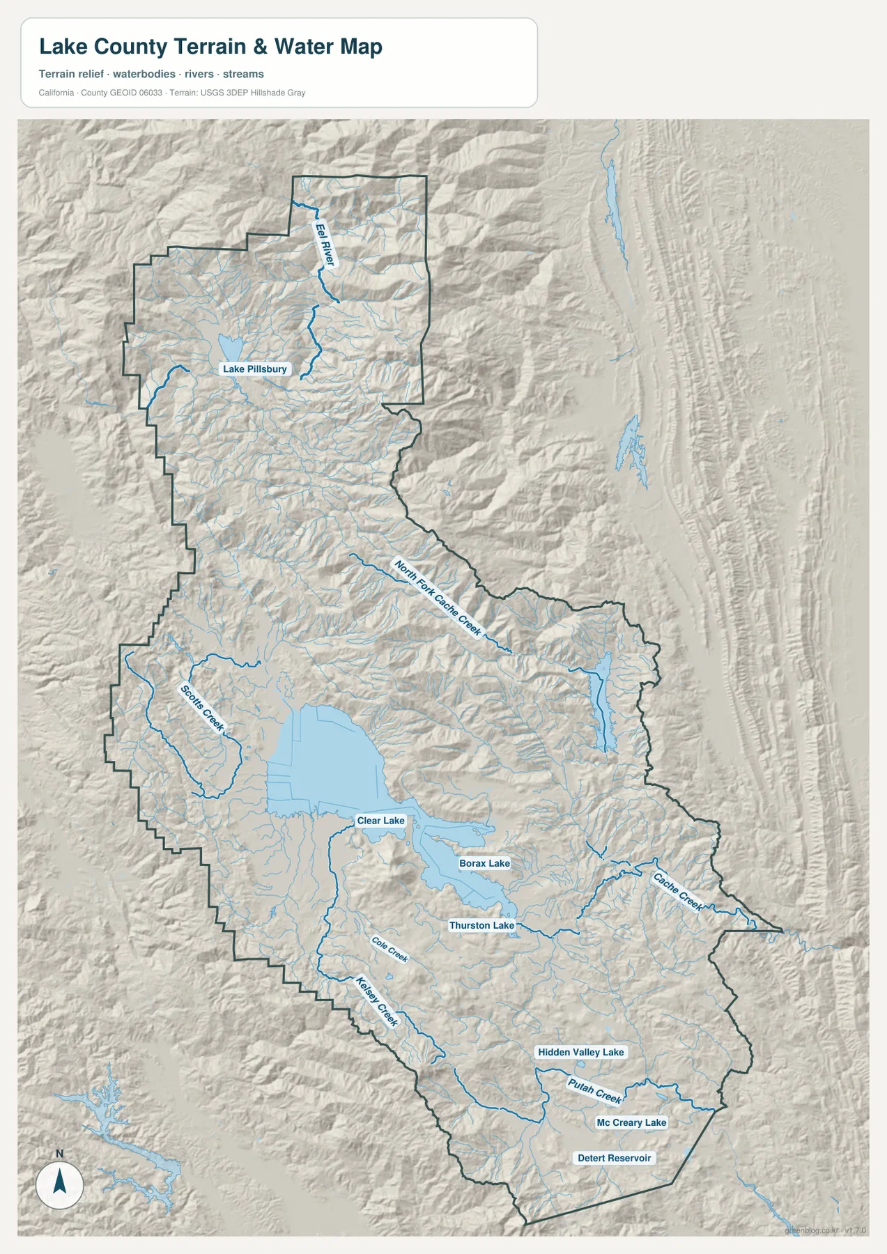 Clear Lake, Lake Pillsbury, Eel River, North Fork Cache Creek, Cache Creek, Scotts Creek, Kelsey Creek와 남부 작은 호수가 표시된 레이크 카운티 지형 수역 지도