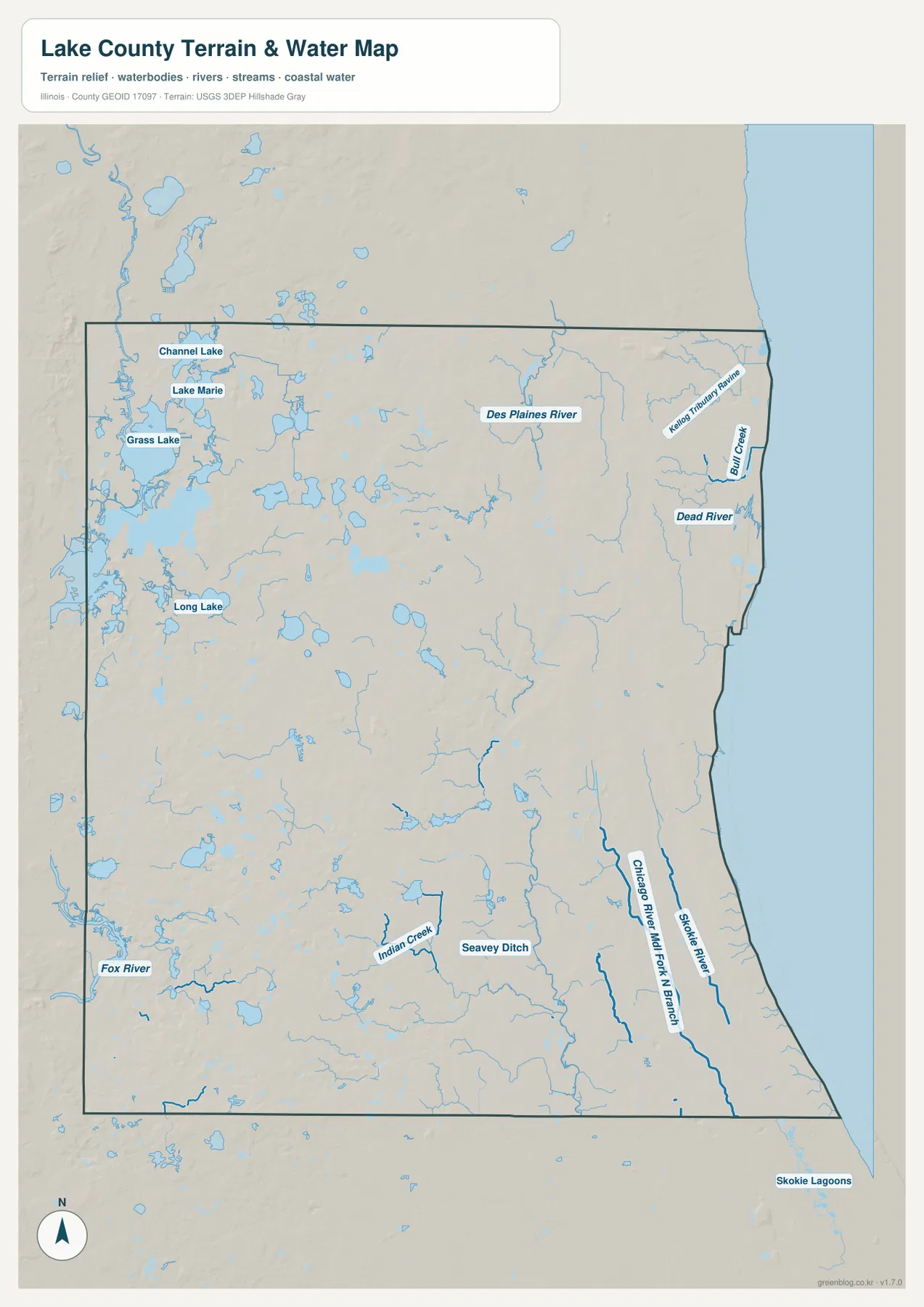 Lake County water map Channel Lake Lake Marie Grass Lake Des Plaines River Skokie River