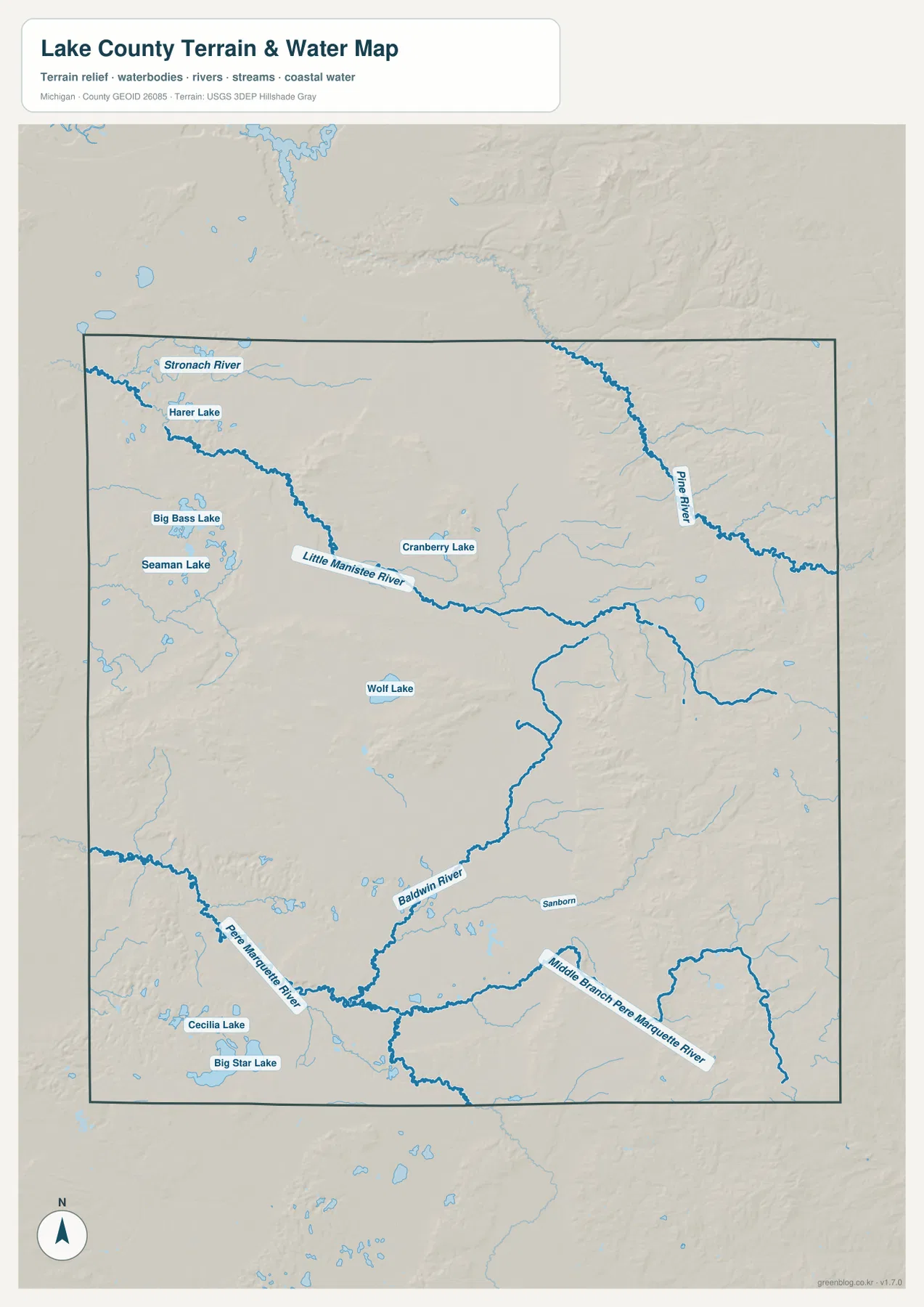 레이크 카운티 지형·수역 지도 – Little Manistee River, Pine River, Pere Marquette River와 주요 호수