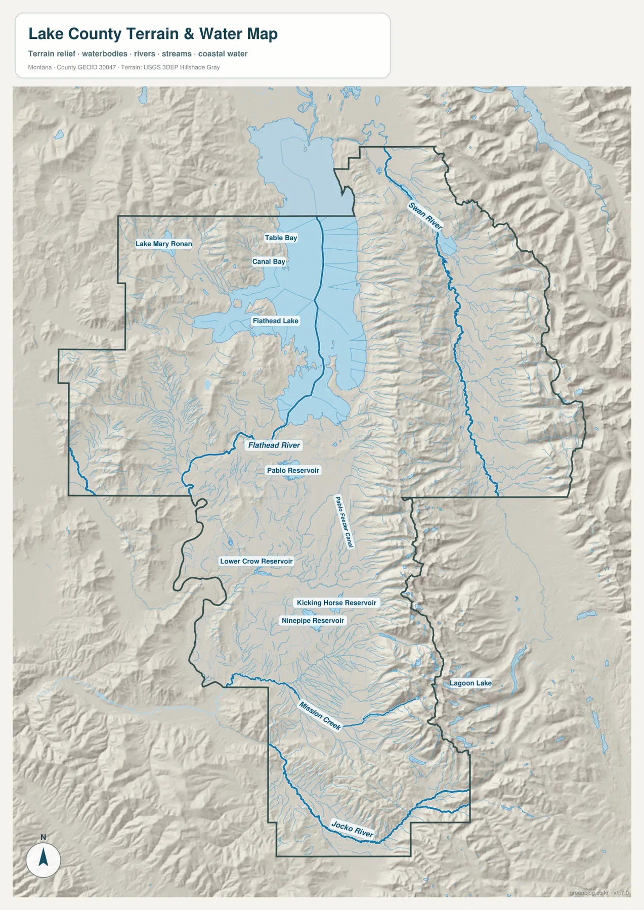 Lake County terrain and water map showing Flathead Lake, Flathead River, Swan River, Mission Creek, Jocko River, and reservoirs