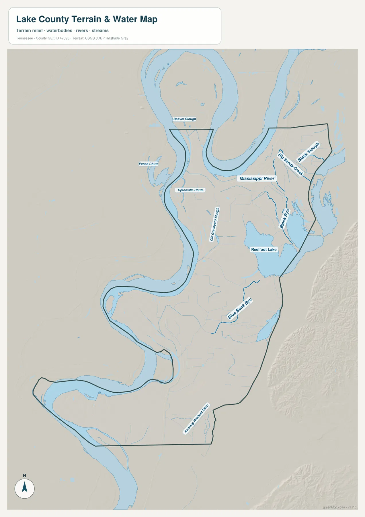 Lake County Tennessee water map with Mississippi River, Reelfoot Lake, Tiptonville Chute, Beaver Slough, Black Bayou and other waterways