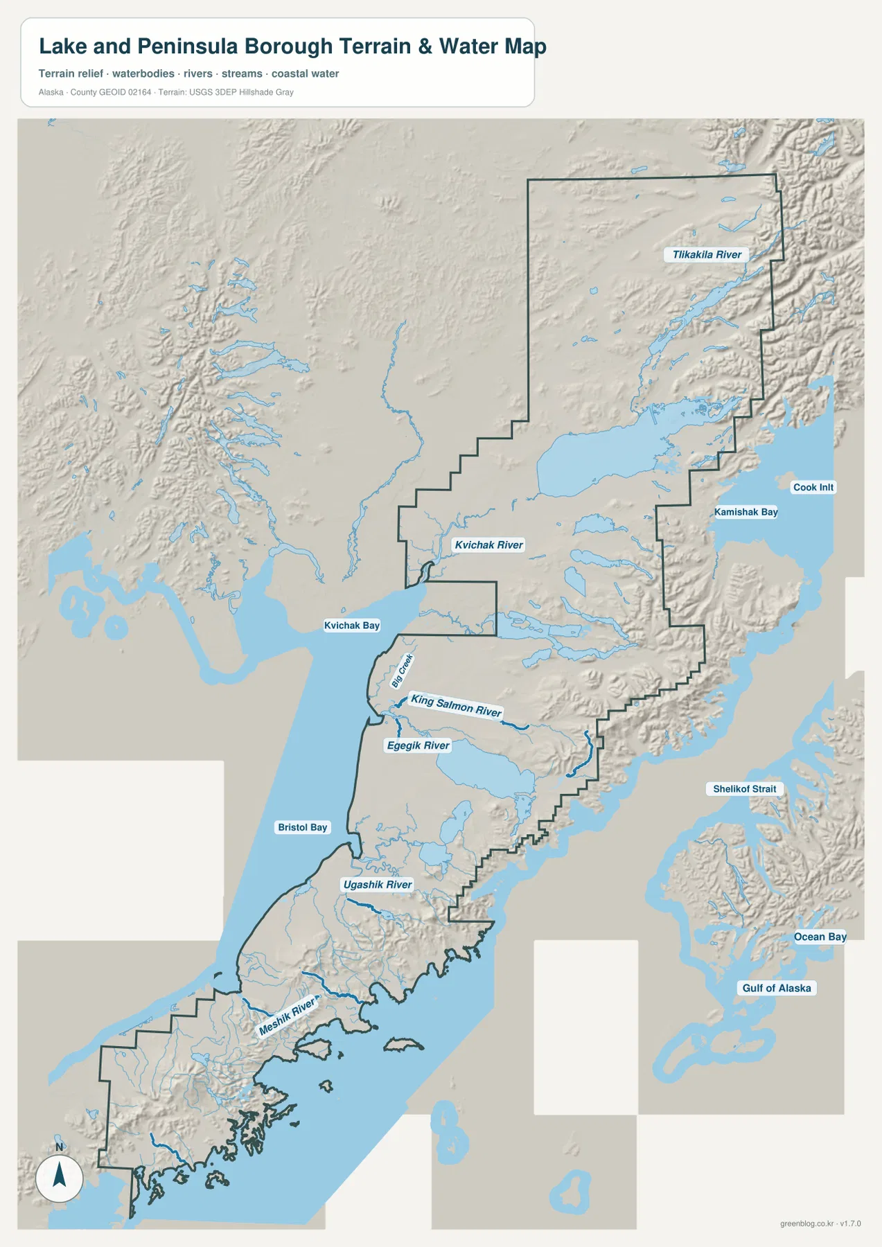 Lake and Peninsula Borough terrain and water map