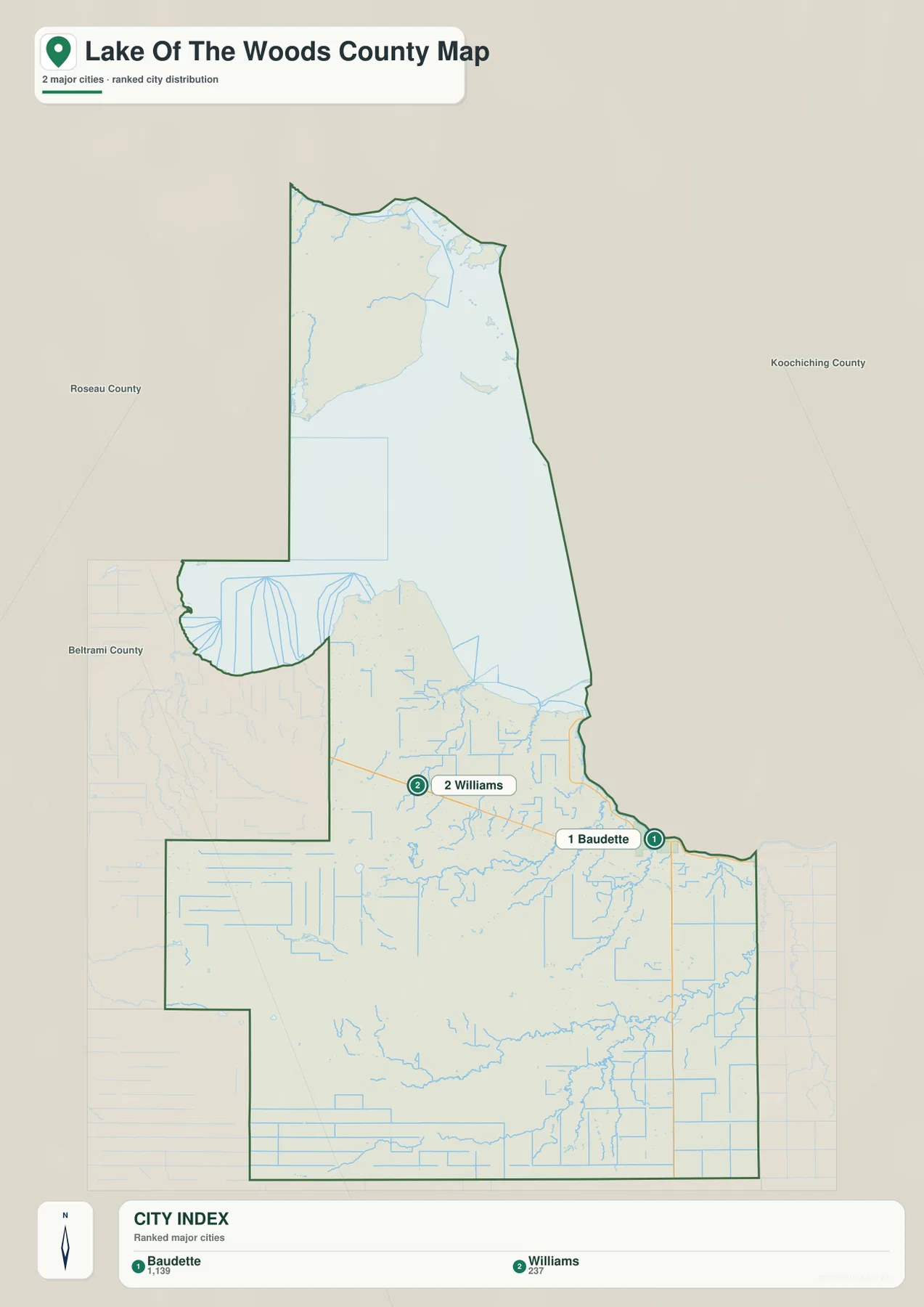 Lake of the Woods County city map showing Baudette and Williams